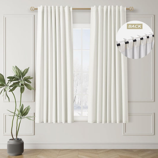 BOODII Ivory White Blackout Curtains 63 Inch Length for Bedroom Window Room Darkening Full Light Blocking Curtains Back Tab Neutral Elegant Black Out Curtain Thermal Insulated Linen Drapes 52x63