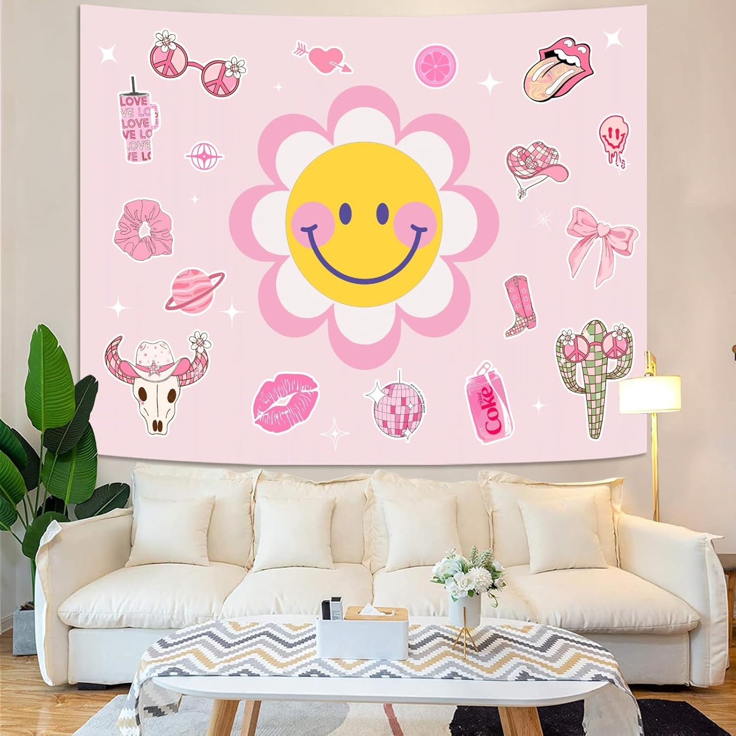 Lunerfex Y2K Tapestry Pink Sun Wall Tapestry, Cute Tapestries for Bedroom Funny Tapestries Wall Hanging for Bedroom Living Room Decor Pink-7 44"x60"