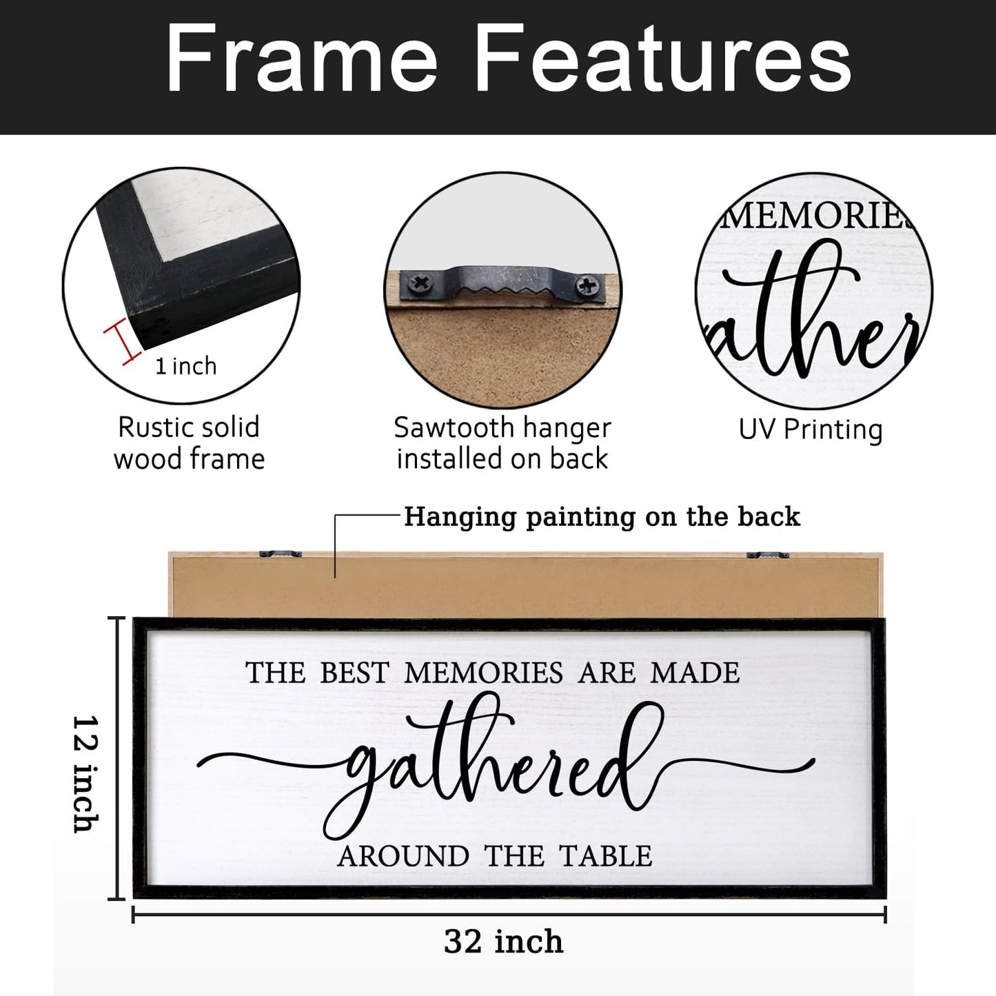 The Best Memories are Made Gathered Around The Table Sign Framed Wall Art, 32''×12'' Rustic Horizontal Plaque with Black Frame for Dinning Living Room, Farmhouse Long Home Family Wood Sign Wall Decor