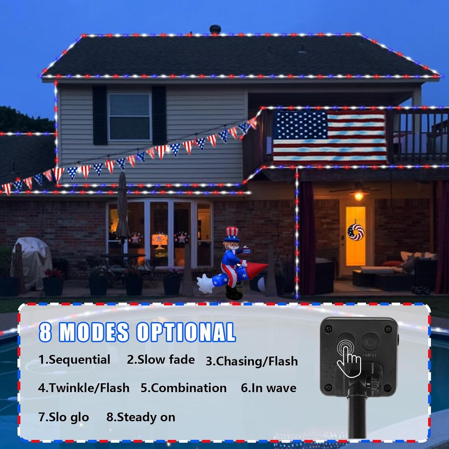 YEGUO 4th of July Decorations Red White and Blue Lights, 2 Packs Each 33ft 100 LED Solar Rope Light with 8 Modes for Patriotic Independence Memorial Day Decor
