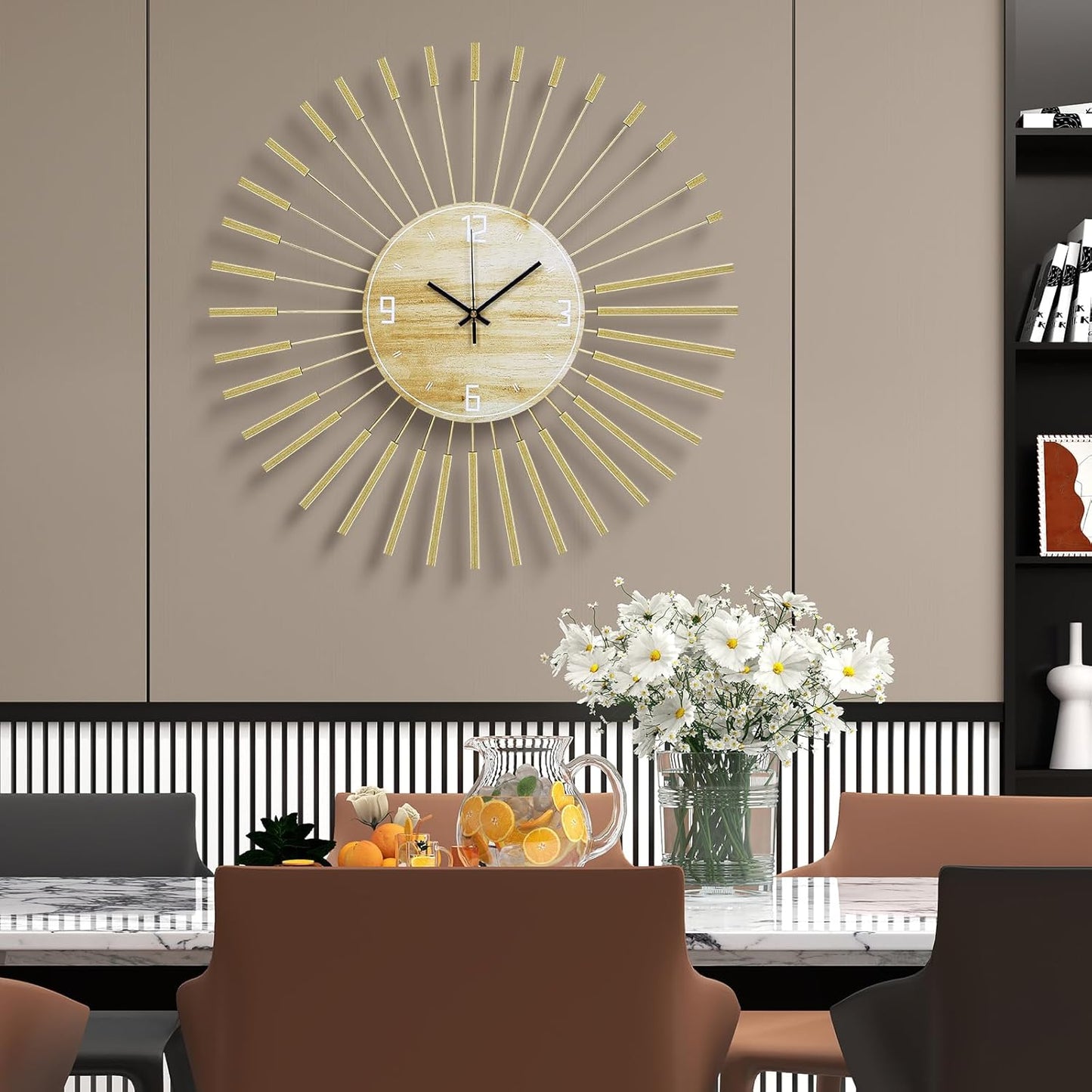 Large Starburst Wall Clock Mid Century Battery Operated Sunburst Clock Modern Wall Clocks Round Gold Wall Clock Non-Ticking Clock for Living Room Bedroom Kitchen Office-23.6inch