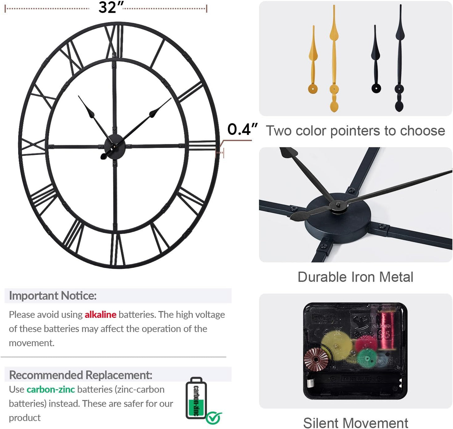 Large Wall Clock for Living Room Decor – 32 Inch Silent Non-Ticking Modern Farmhouse Wall Clock, Oversized Decorative Metal Roman Numeral Clock, Black