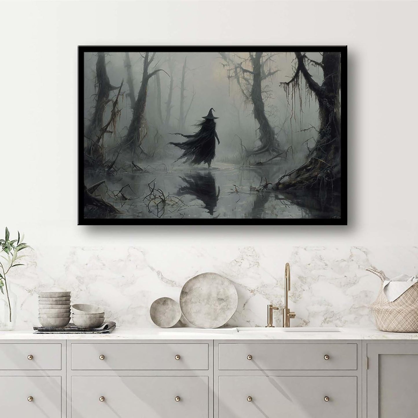 JFHCQJPK Vintage rustic swamp witch poster dark moody wall art gothic horror season halloween print for home decor retro dark moody painting12x16in Metal blackFramed