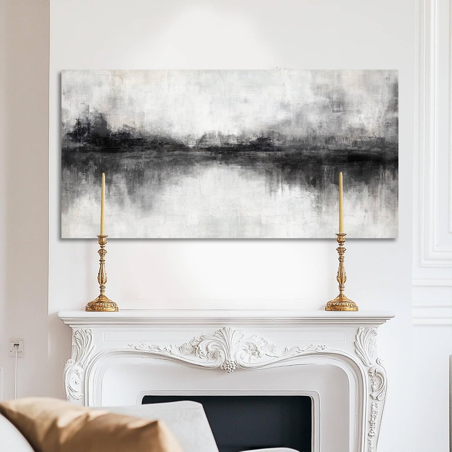 Pictures for Living Room Wall Decoration Black Wall Decor Dining Room Abstract Canvas Wall Art White Home Decor Black And Grey Office Artwork 20"x40"
