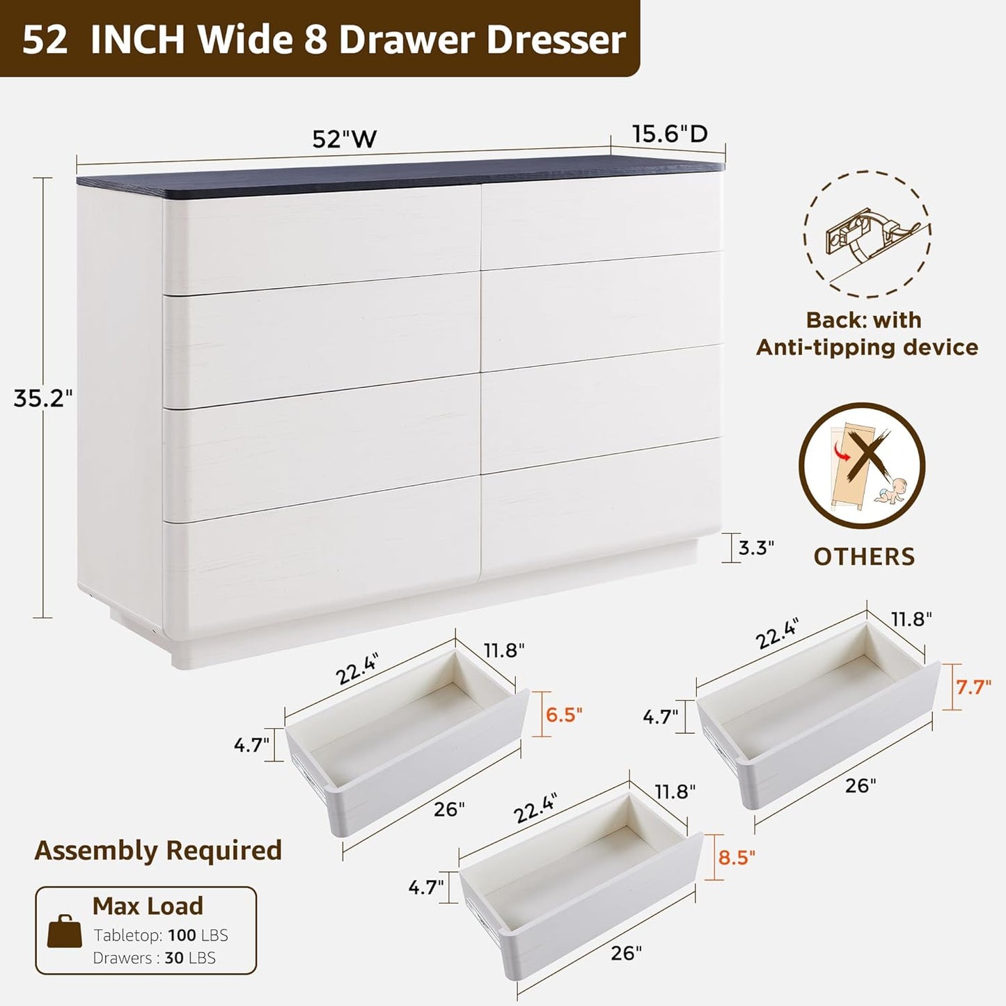 8 Drawer Dresser for Bedroom, 52 Inch Wide Modern Chest of Drawers, Push-to-Open Wood Storgae Organizer with Large Drawers for Bedroom, Living Room, Hallway, Off White