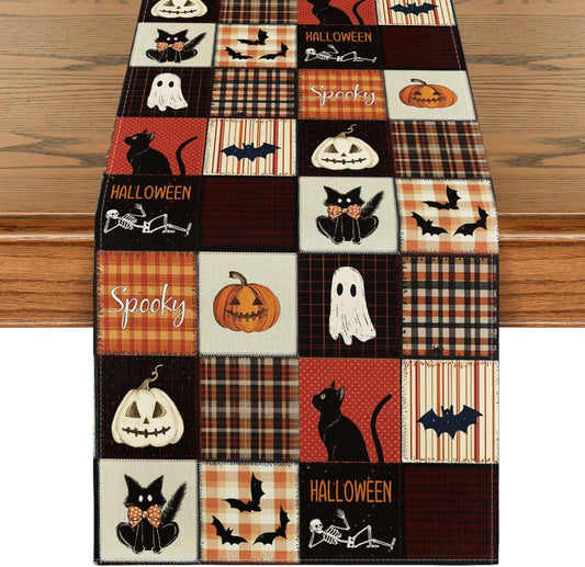 Artoid Mode Black Cat Bat Pumpkin Spooky 210 GSM Halloween Table Runner, Ghost Kitchen Dining Table Decoration for Home Party Decor 13x48 Inch