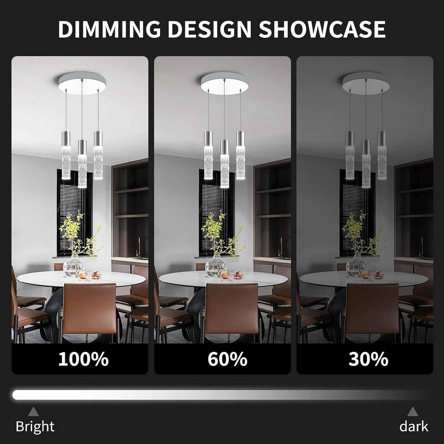 OKELI Dimmable LED 3-Light Pendant Light for Kitchen Island, 18W 1350LM Modern Bubble Crystal Island Light Fixture,6000K, Electro-Chrome, Easy Installation, Round