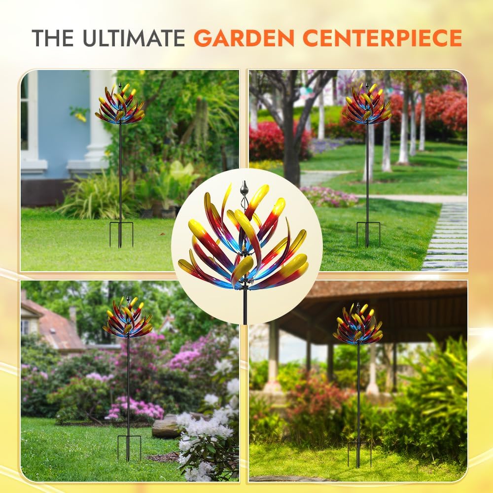 Large Wind Spinners - Decorative Garden Whirligigs - Durable Metal Flower Art - Ideal for Yard Decor and Gifts Colorful 88" H x 27" W