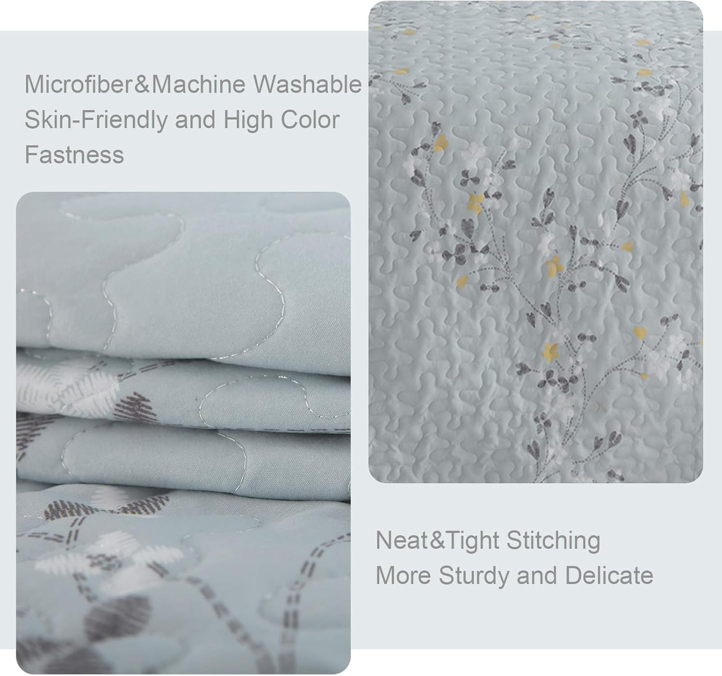 Exclusivo Mezcla Reversible Boho Quilt Set Queen Size, 3 Pieces Flowers Light Blue All Season Bedspreads, Ultra Soft Floral Coverlet Bedding Set with Printed Pattern (1 Quilt, 2 Pillow Shams)