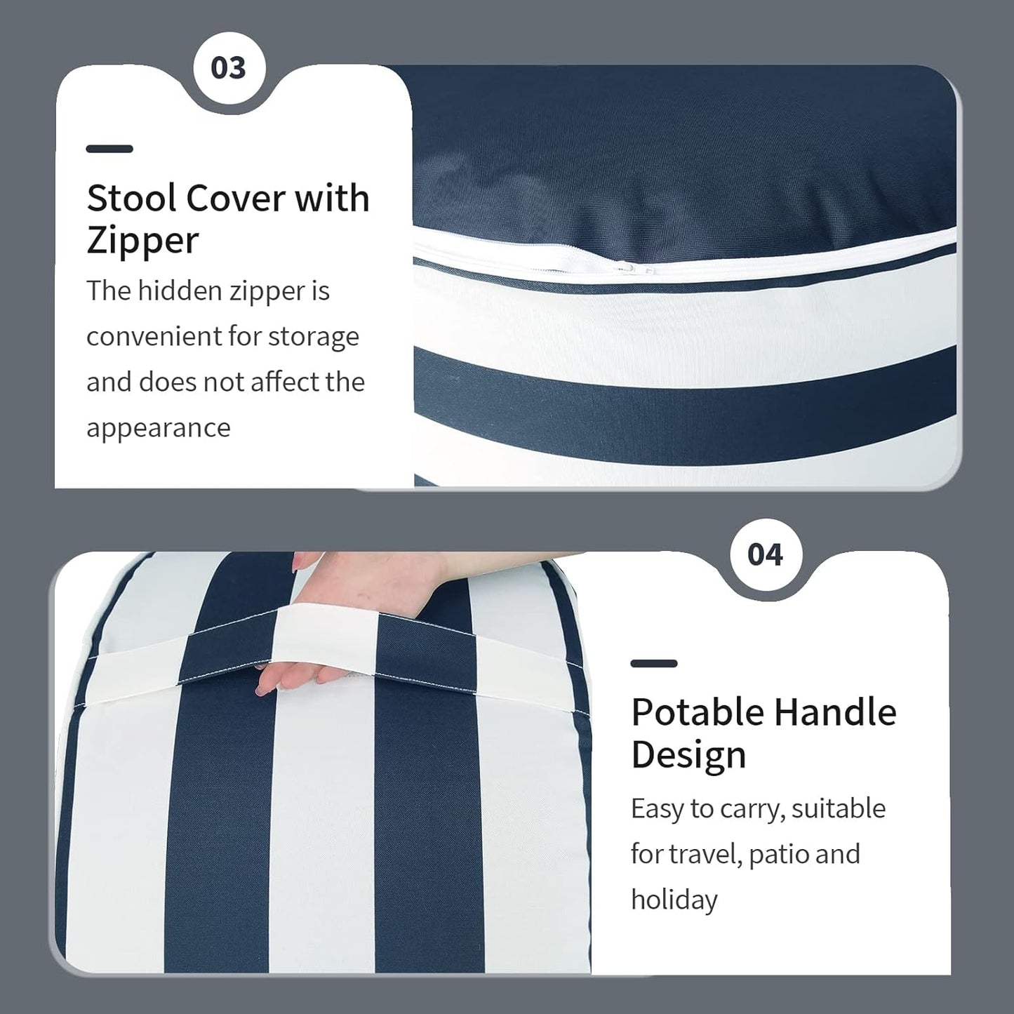 Inflatable Ottoman Stool D21 xH9 for Outdoor/Indoor Use, Water Repellent Patio Foot Rest Stool with Portable Handle,Round Pouf Ottoman Suitable for Garden,Deck and Camping - Cabana Navy