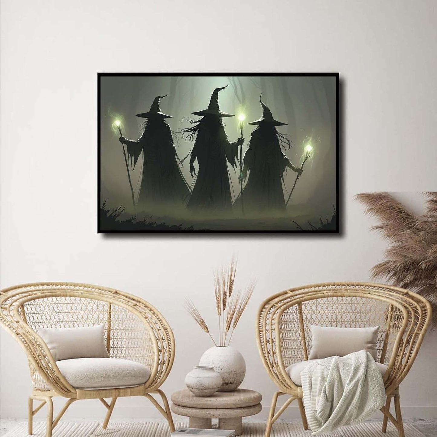 JFHCQJPK Vintage 3 witches canvas wall decor melancholy dark Halloween poster wall decor holding a staff print Gothic horror Halloween painting print for living room bedroom20x30in Metal blackFramed