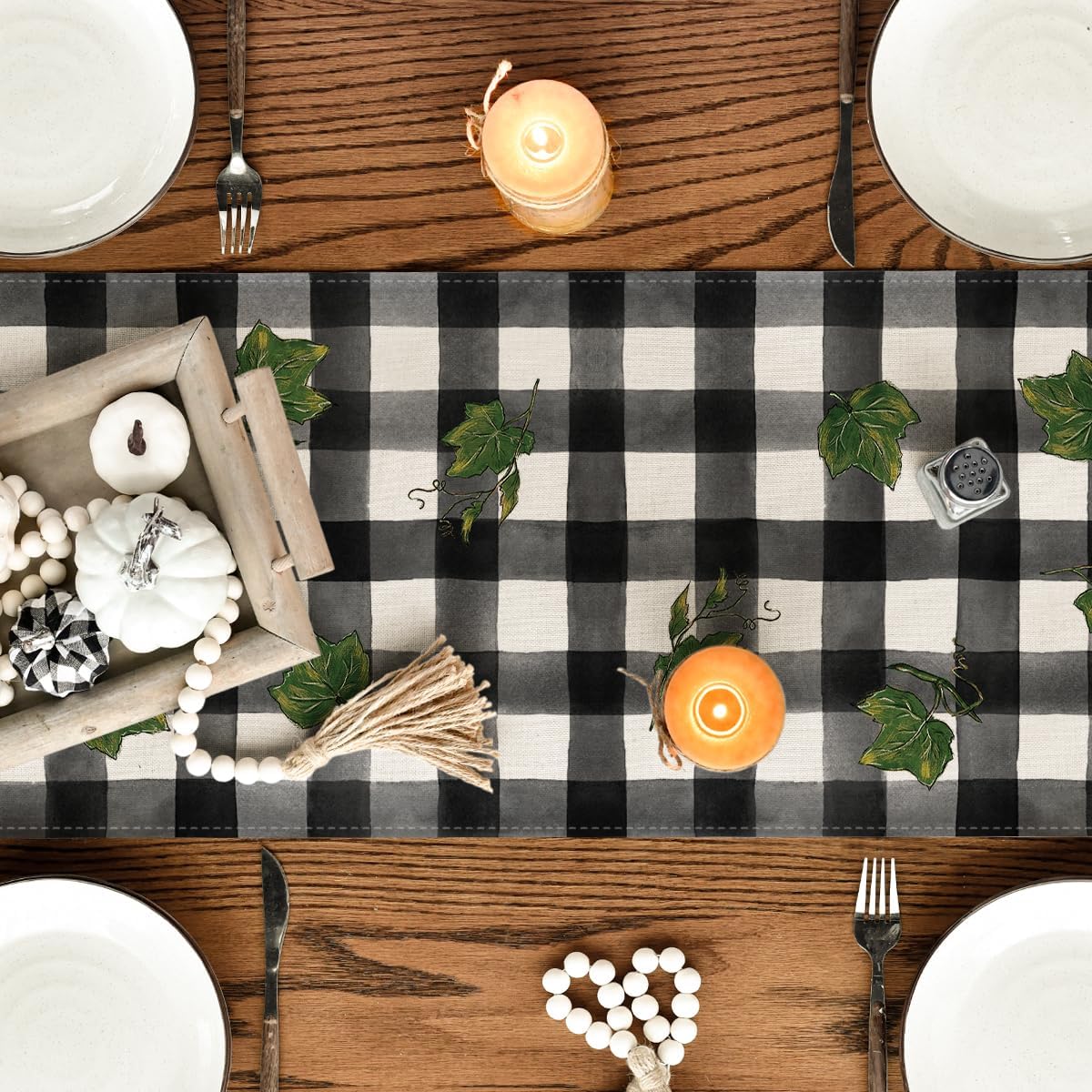 Artoid Mode Buffalo Plaid Bowknot Pumpkin Thankful Fall Table Runner, Autumn Thanksgiving Kitchen Dining Table Decoration for Home Party Decor 13x48 Inch