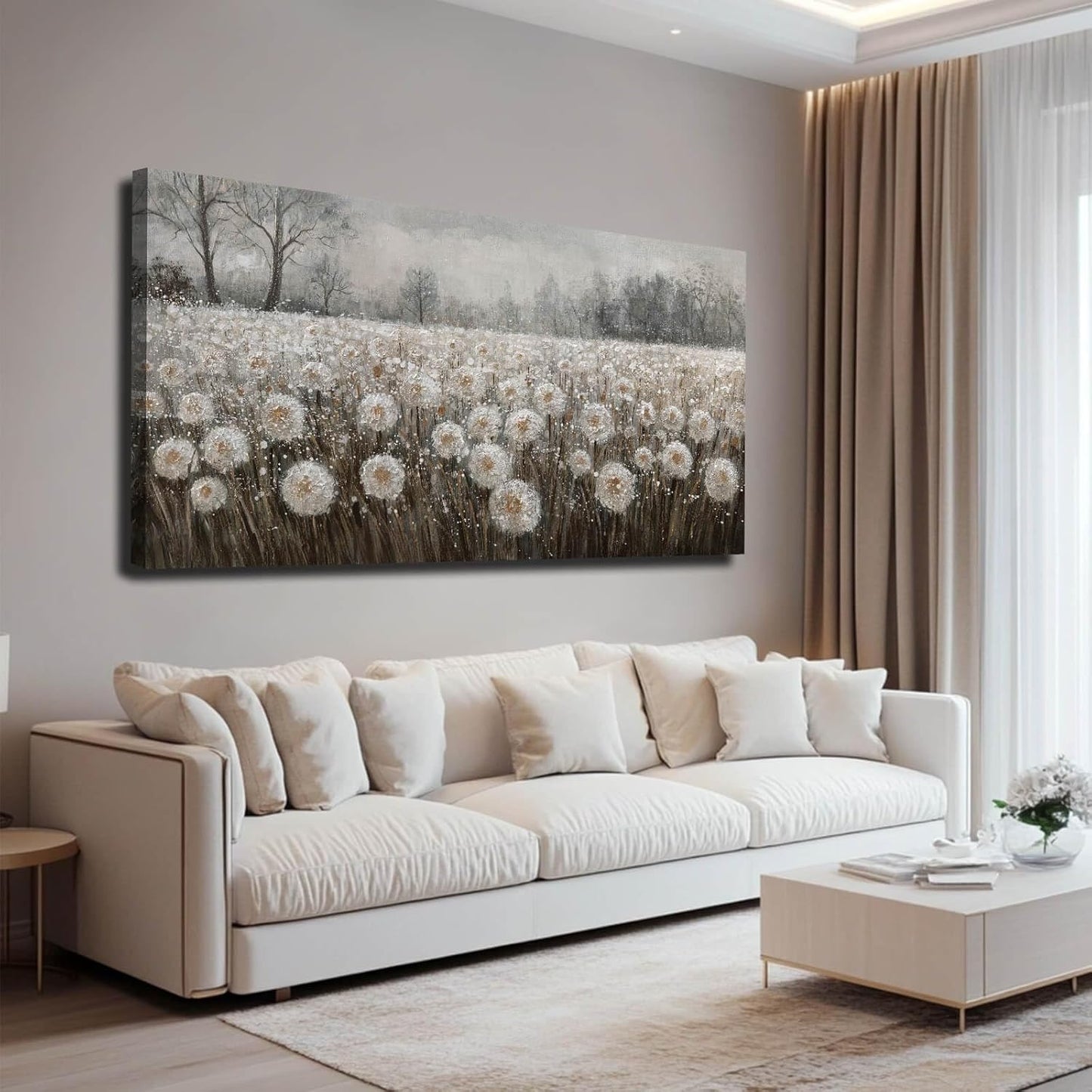 White Flowers Wall Art for Living Room Framed Wall Decor Dandelion Wall Art Artwork Canvas Paintings for Home Office 29"x58”