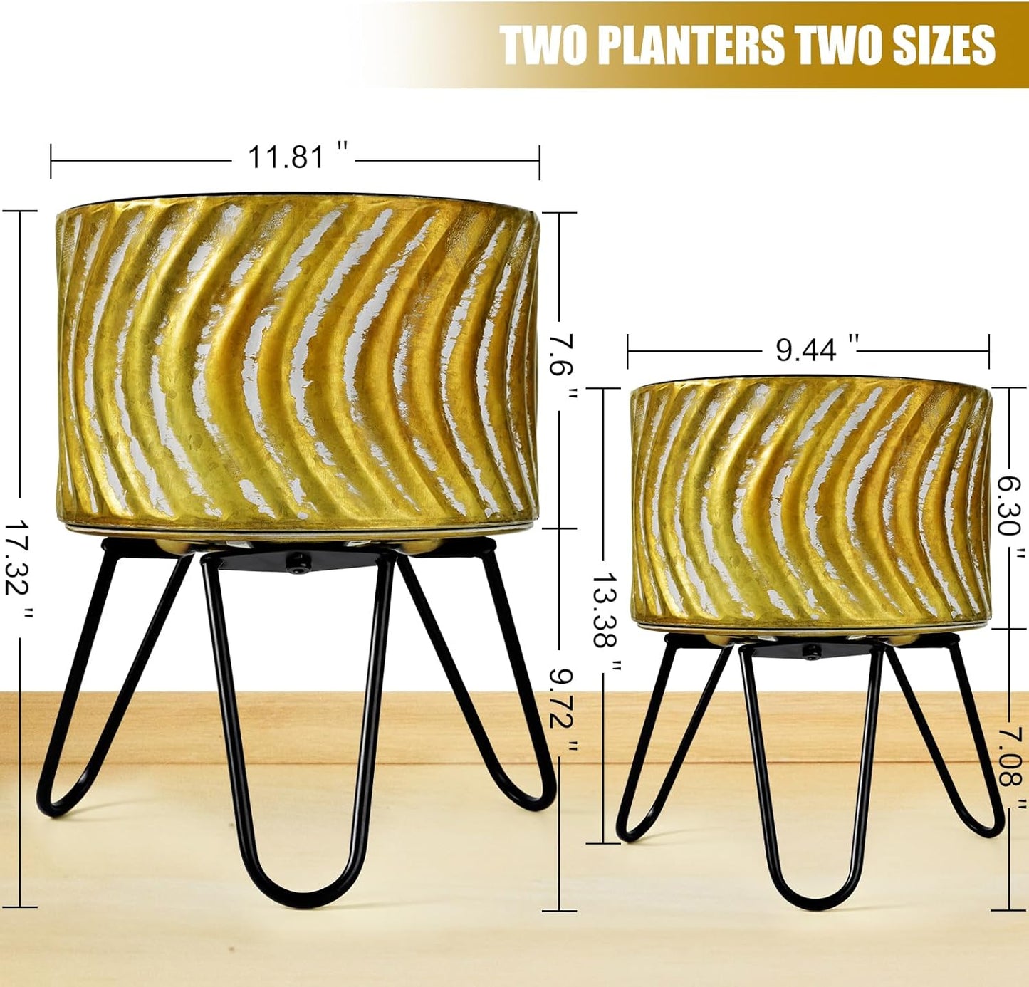 Harvest Land Plant Pots with Stand, Set of 2 Large Modern Planters Metal Tall Handmade Flower Pots with Drainage Holes Indoor Outdoor,Gold