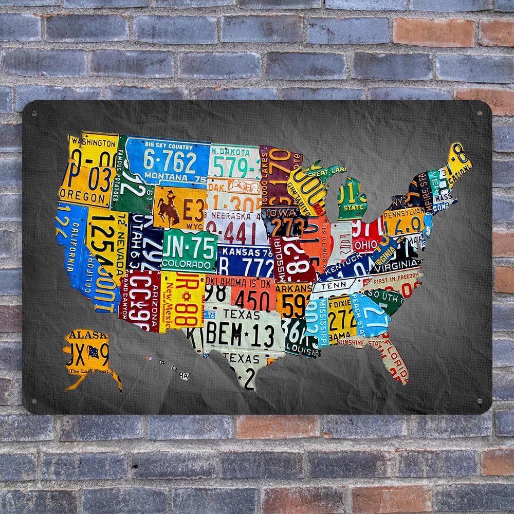 Funny Metal Tin Sign Vintage Usa Map License Plate Sign Garage Decor Map Poster License Plate Map Of The United States Usa Signs Garage Bar Home Office License Plate Decor