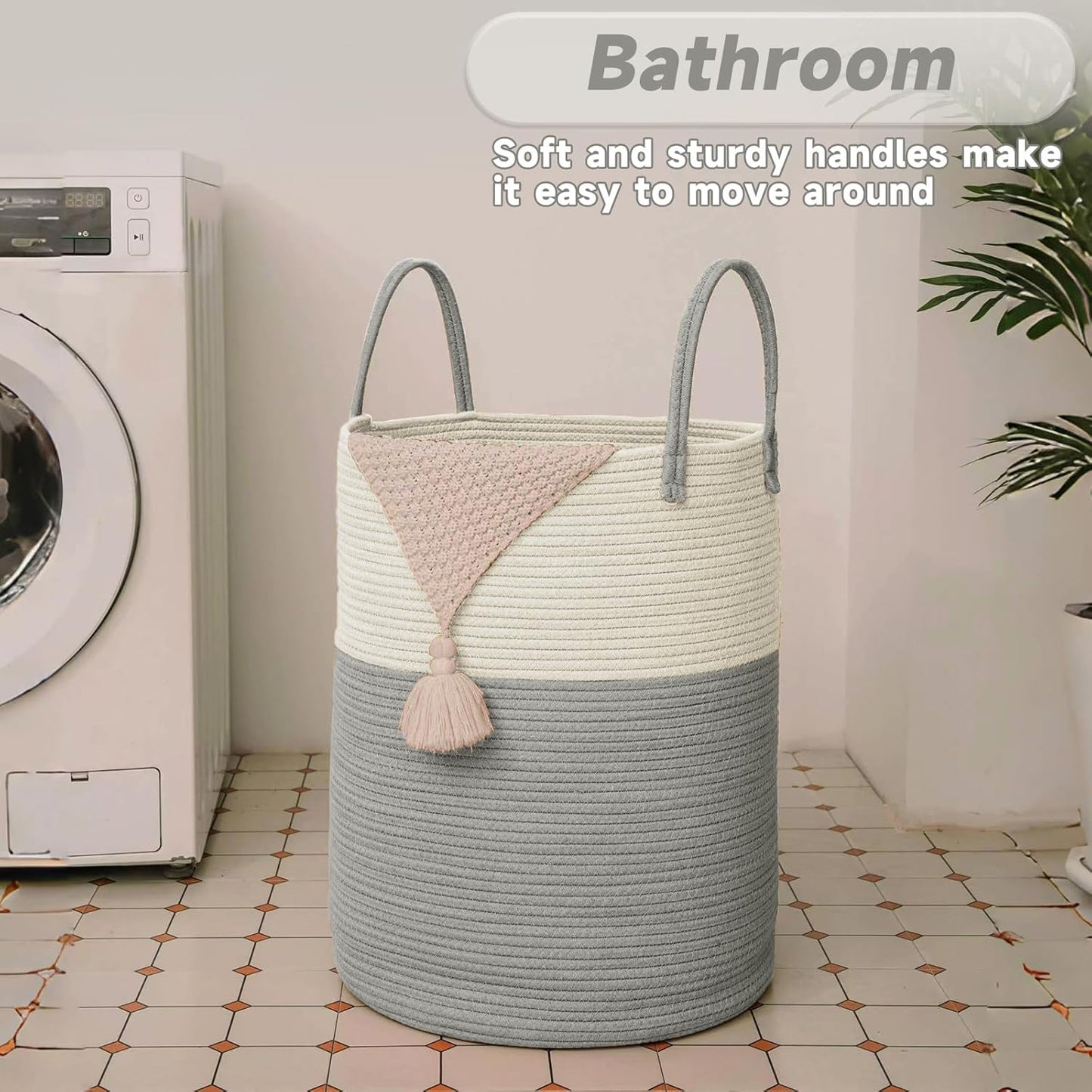 Large Woven Laundry Basket Hamper,80L Cotton Rope Storage Bin for Blankets,Toys and Clothes,Decorative Tall Nursery Hamper for Living Room,Baby Nursery,Bathroom and Bedroom,White and Grey