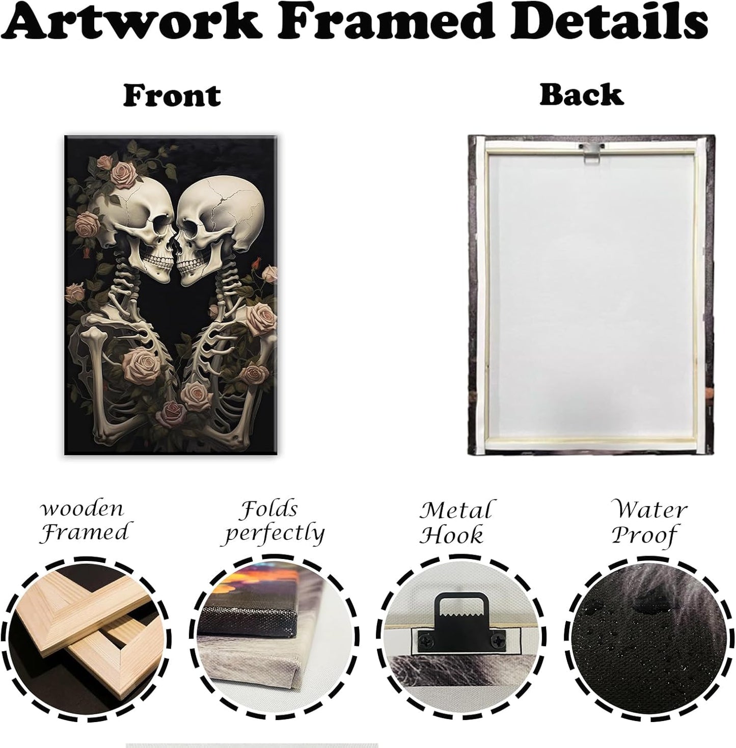 OAAPITI Vintage Skeleton Canvas Wall Art Gothic Painting Artwork Retro Rose Skull Art Poster Abstract Romantic Theme Picture Halloween Living Room Decor(Artwork-4,28"x42")