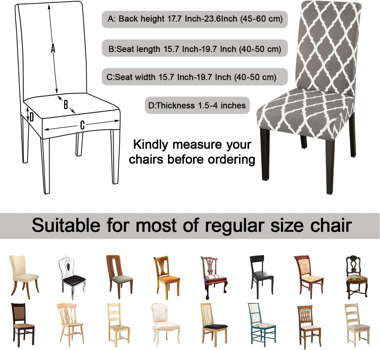 JQinHome Dining Room Chair Covers Set of 8, High Stretch Chair Slipcover Removable Washable Chair Seat Protector Cover for Home Party Hotel Wedding Ceremony (Grey White)