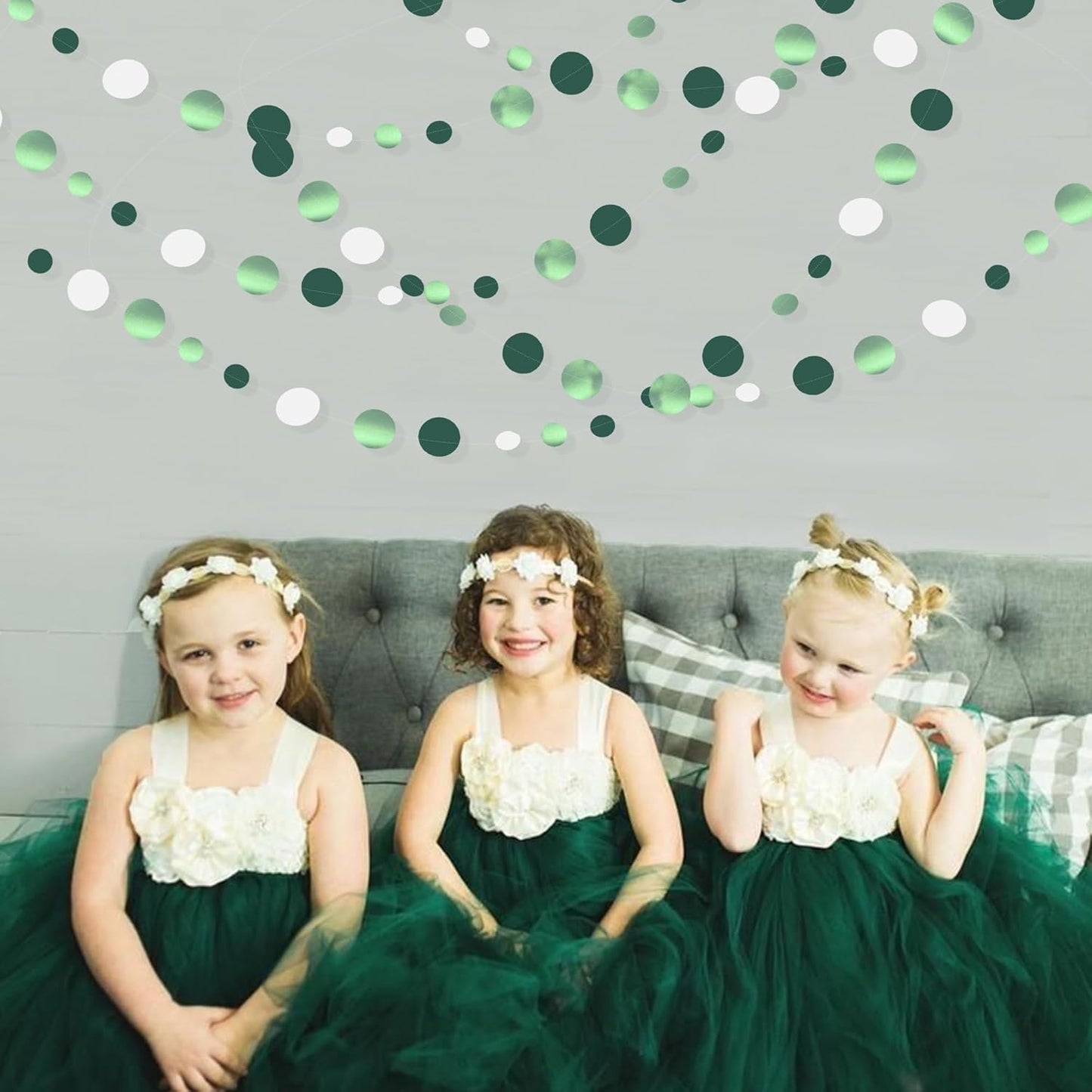 46 Ft Sage Green Party Decorations Metallic Sage Green White Polka Dots Garlands Hanging Paper Circle Dots Streamer for Birthday Baby Shower Engagement Graduation Wedding Party Decorations Supplies