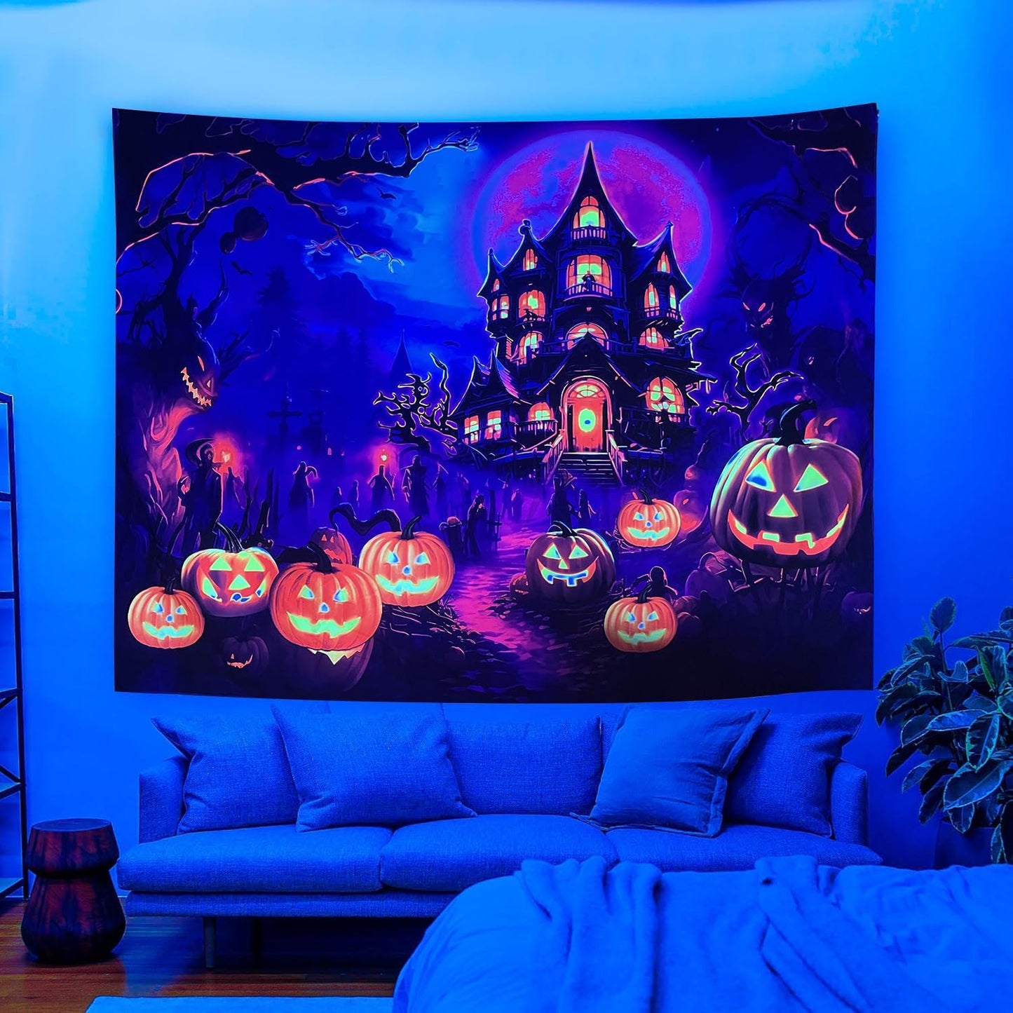 OSVINO Blacklight Halloween Castle Tapestry 59"x51" Pumpkins Ghosts Background Bedroom Aesthetic Hippie Room Decor Glow in The Dark Wall Poster for Halloween Easter