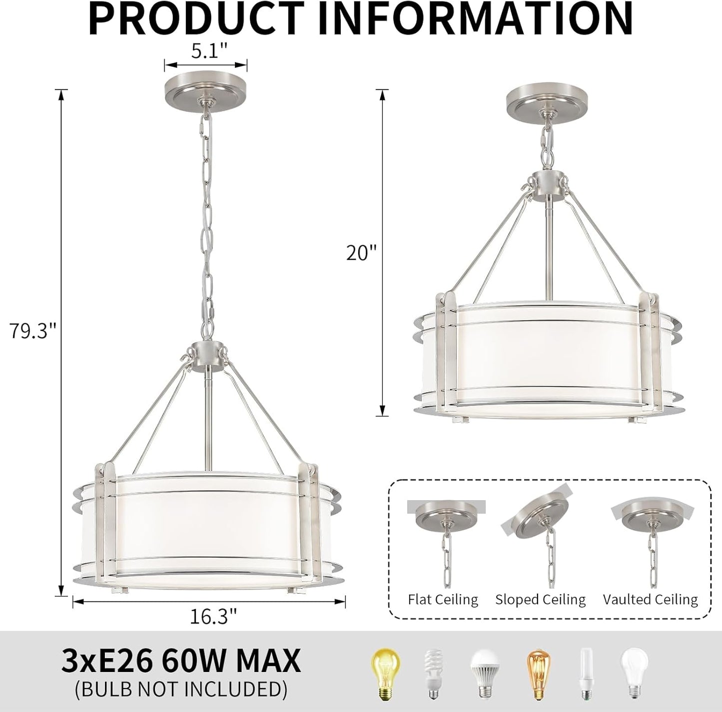 16.3''Drum Chandelier 3-Light Brushed Nickel Modern White Fabric Chandeliers Adjustable Drum Pendant Light for Dining Room Kitchen Island Hallway Living Bedroom