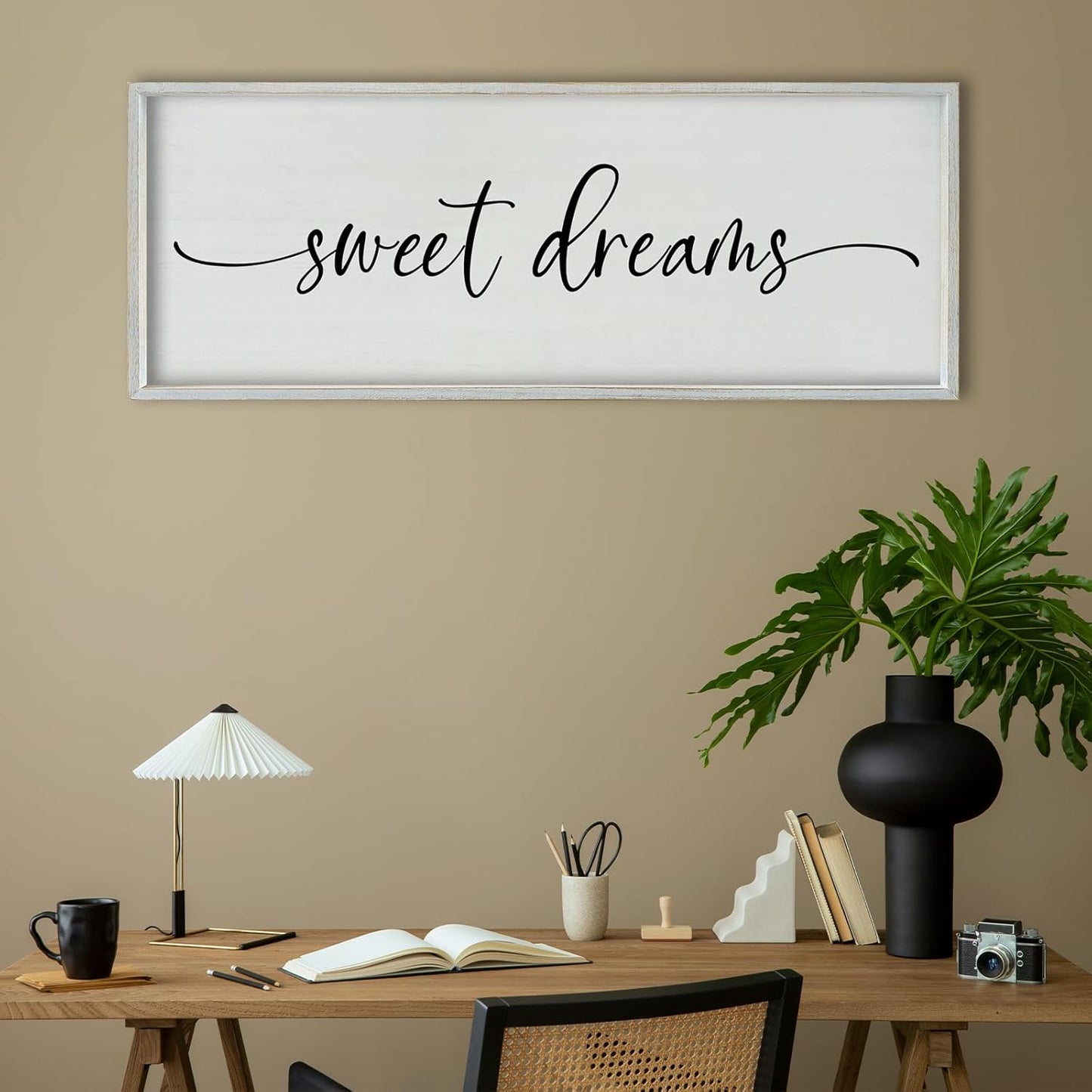 SRSZHIYUE Sweet Dreams Above Bed Wall Decor, 40"x15" Large Rustic Master Bedroom Over Bed Sign Guest Room Couples Wood Framed Farmhouse Horizontal Hanging Decoration (White)