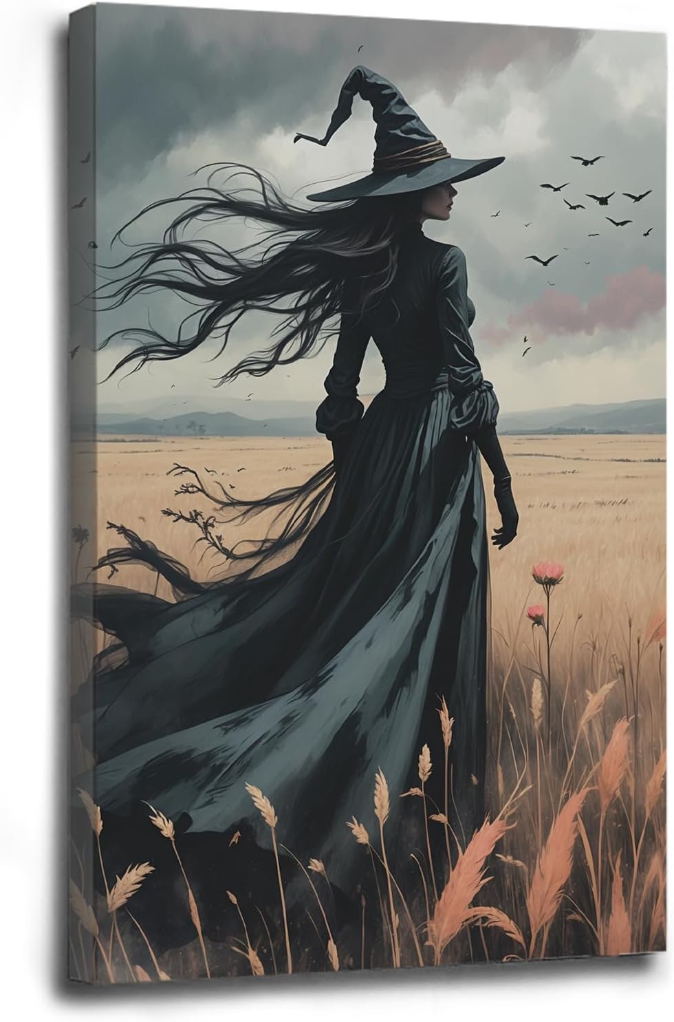 Gothic Decor Canvas Wall Art Witch in Rice Field Halloween Art Decor Print Nature Print Victorian Home Bedroom16x24in Wood Framed