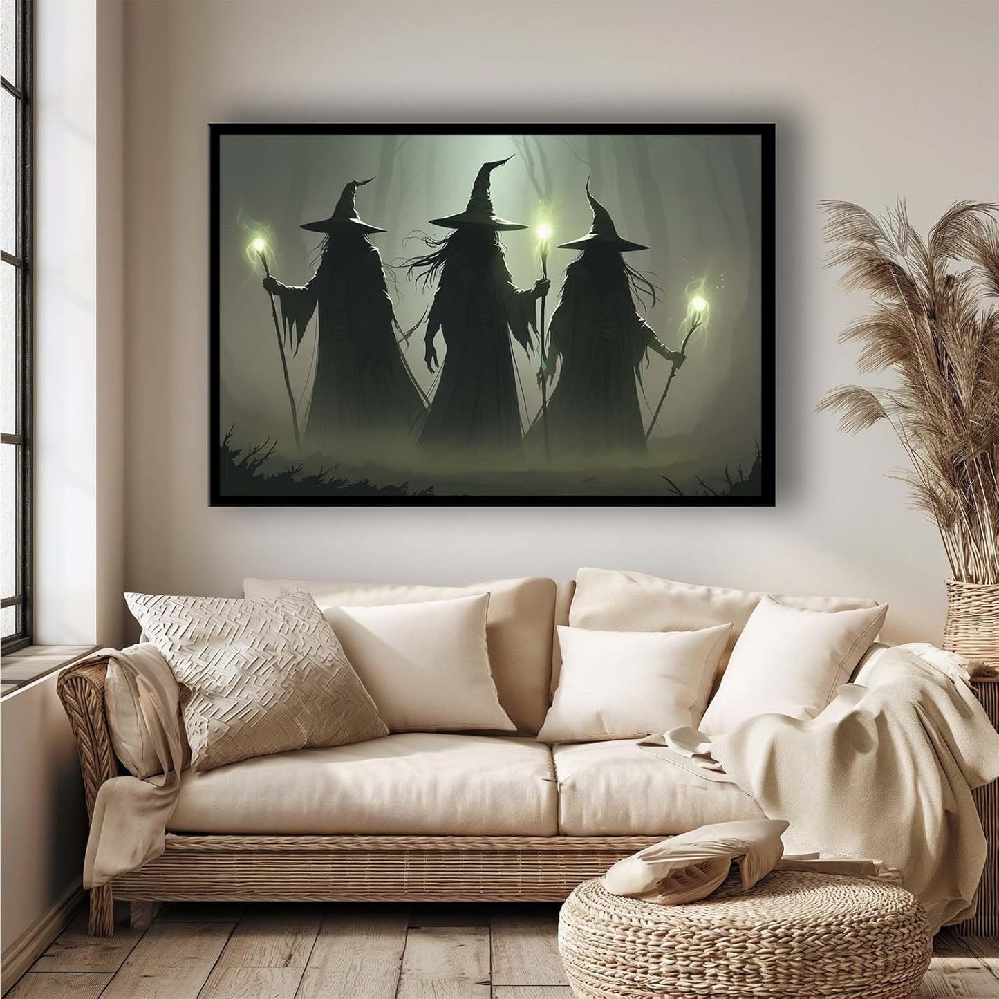 JFHCQJPK Vintage 3 witches canvas wall decor melancholy dark Halloween poster wall decor holding a staff print Gothic horror Halloween painting print for living room bedroom16x24in Metal blackFramed