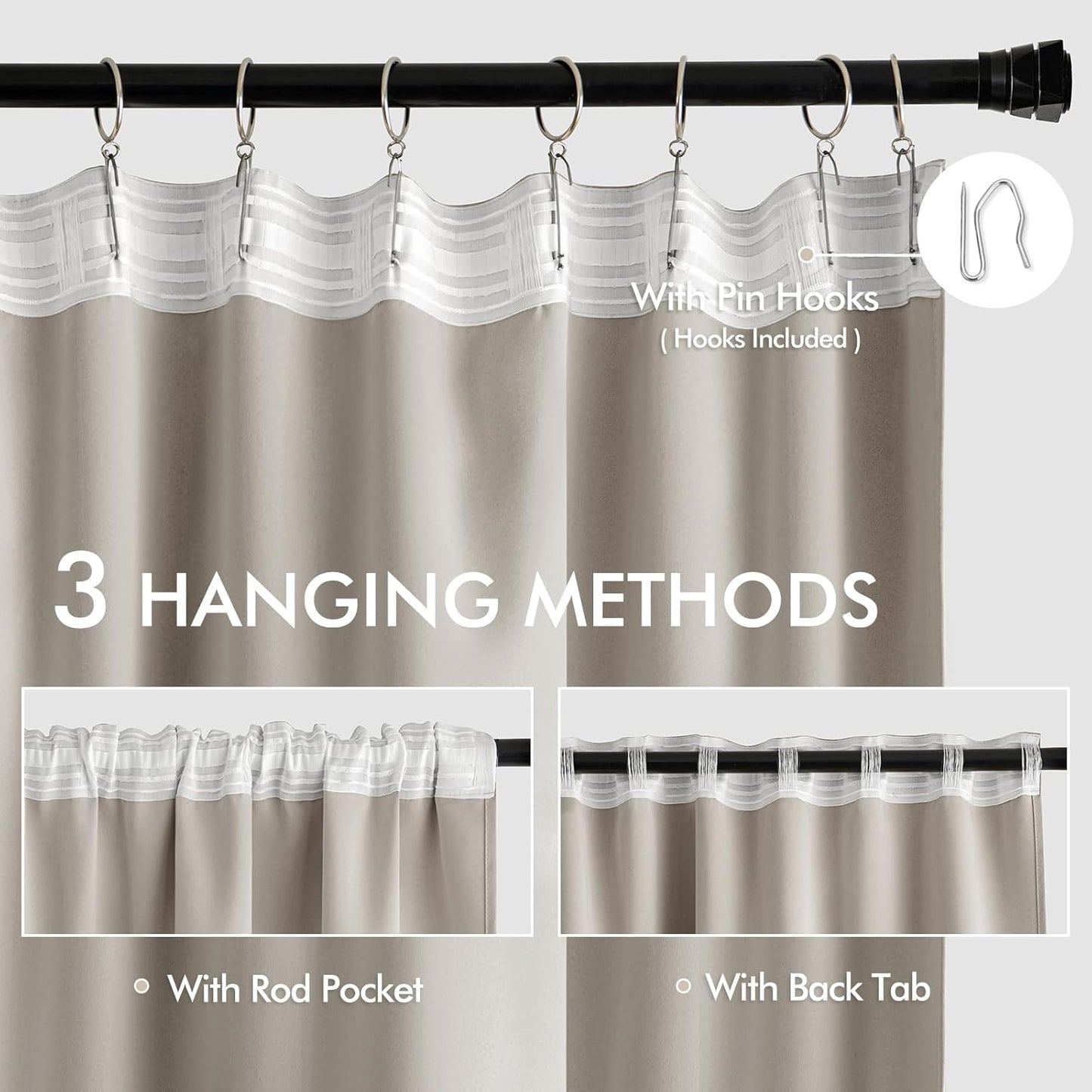 MIULEE Natural Back Tab Blackout Curtains 72 Inches Long 2 Panels Set for Living Room Bedroom Privacy, Rod Pocket/Pinch Pleat Thermal Insulated Room Darkening Pleated Light Blocking Drapes