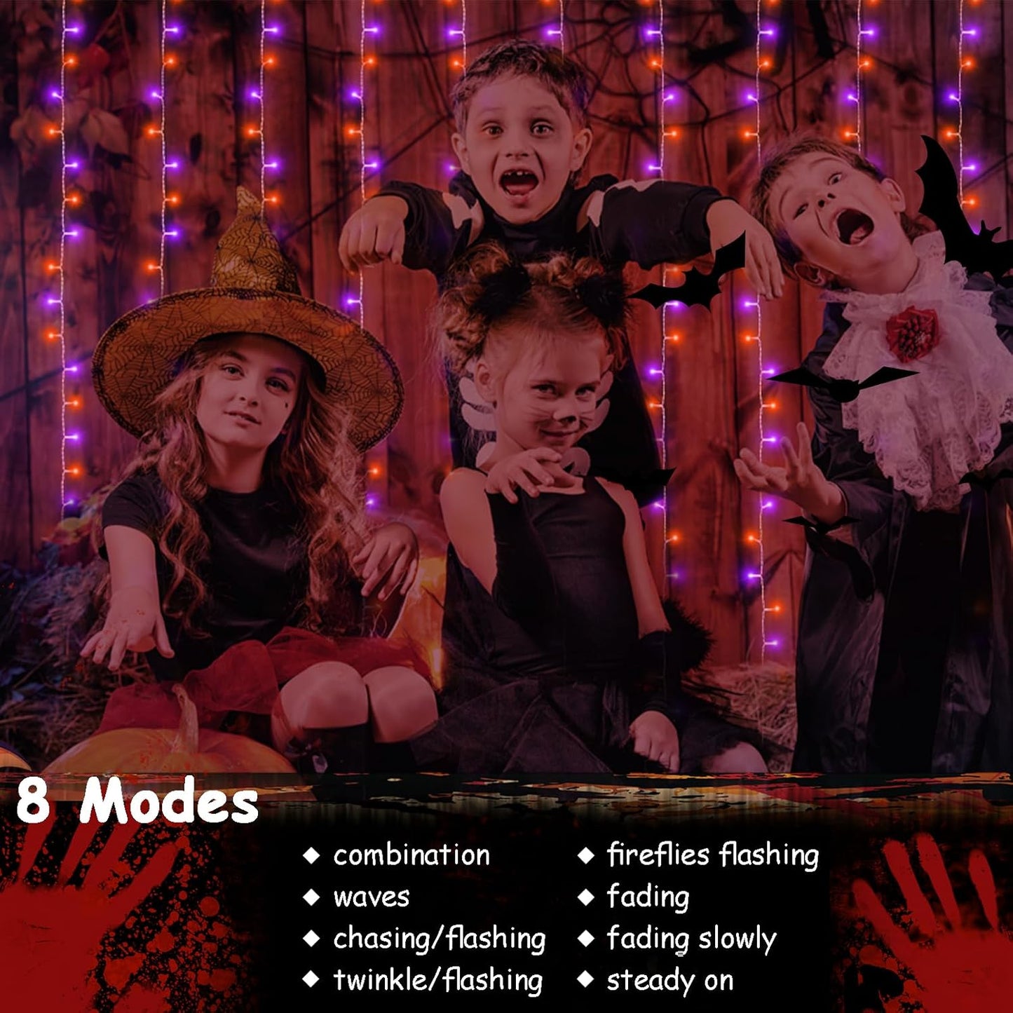 echosari Halloween Curtain Lights Battery Operated, 300 LED Purple Orange Fairy Curtain Lights 9.8Ft x 9.8Ft Hanging Lights with Remote Timer for Party Garden Yard Decor