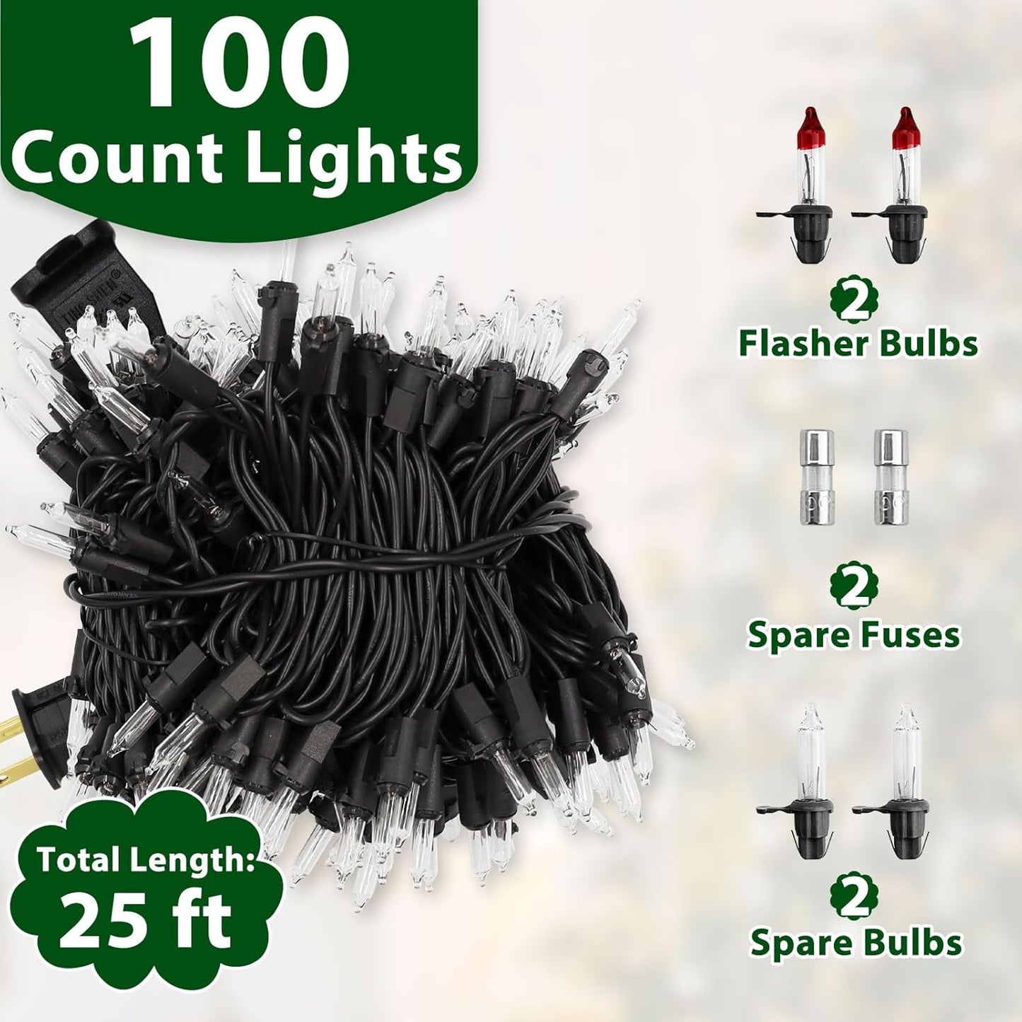 Clear Christmas Lights 25FT 100 Incandescent Bulbs Warm White Mini Lights with Black Wire for Christmas Tree, Garland, Thanksgiving, Wedding, Party, Home, Indoor & Outdoor Festival Decoration