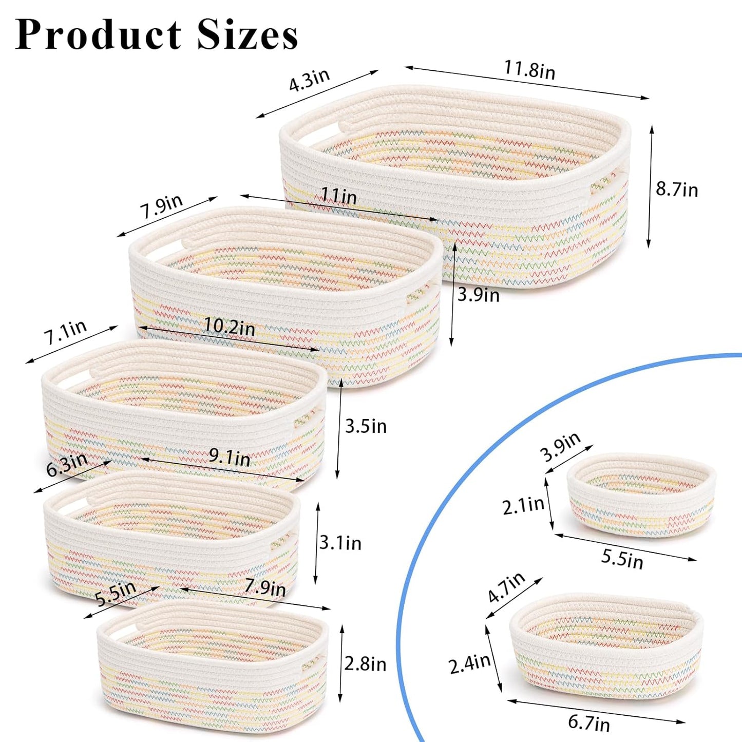 7 Piece Cotton Rope Woven Basket Set - Small Basket for Baby Nursery, Pets, Montessori, Dog & Cat Toy Boxes, Bathroom Organization Bins (White/Rainbow Stitching)