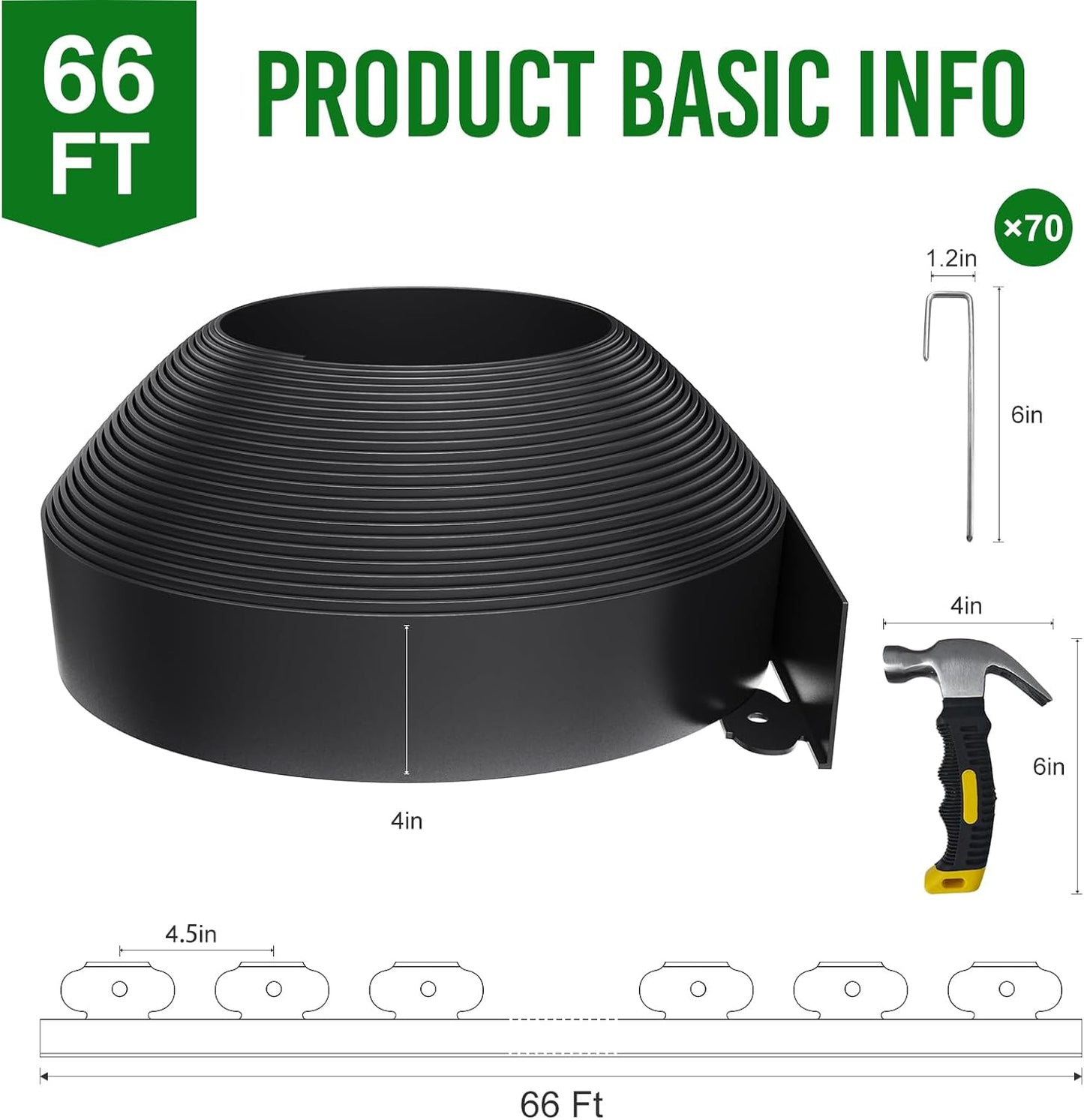 4 Inch Tall 66FT Landscape Edging with 70Pcs Metal Spikes, Plastic Garden Edging Border Landscape Edging Lawn Edging for Landscaping, Flower Bed, Paver, Yard