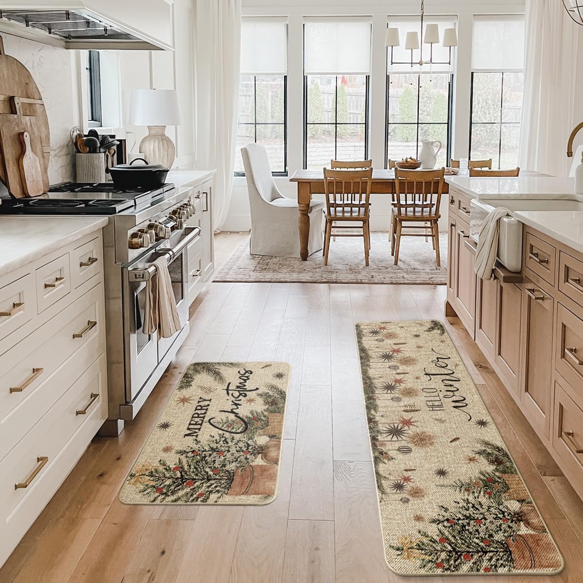 Artoid Mode Holly Ornament Merry Christmas Kitchen Mats Set of 2, Winter Home Decor Low-Profile Kitchen Rugs for Floor - 17x29 and 17x59 Inch