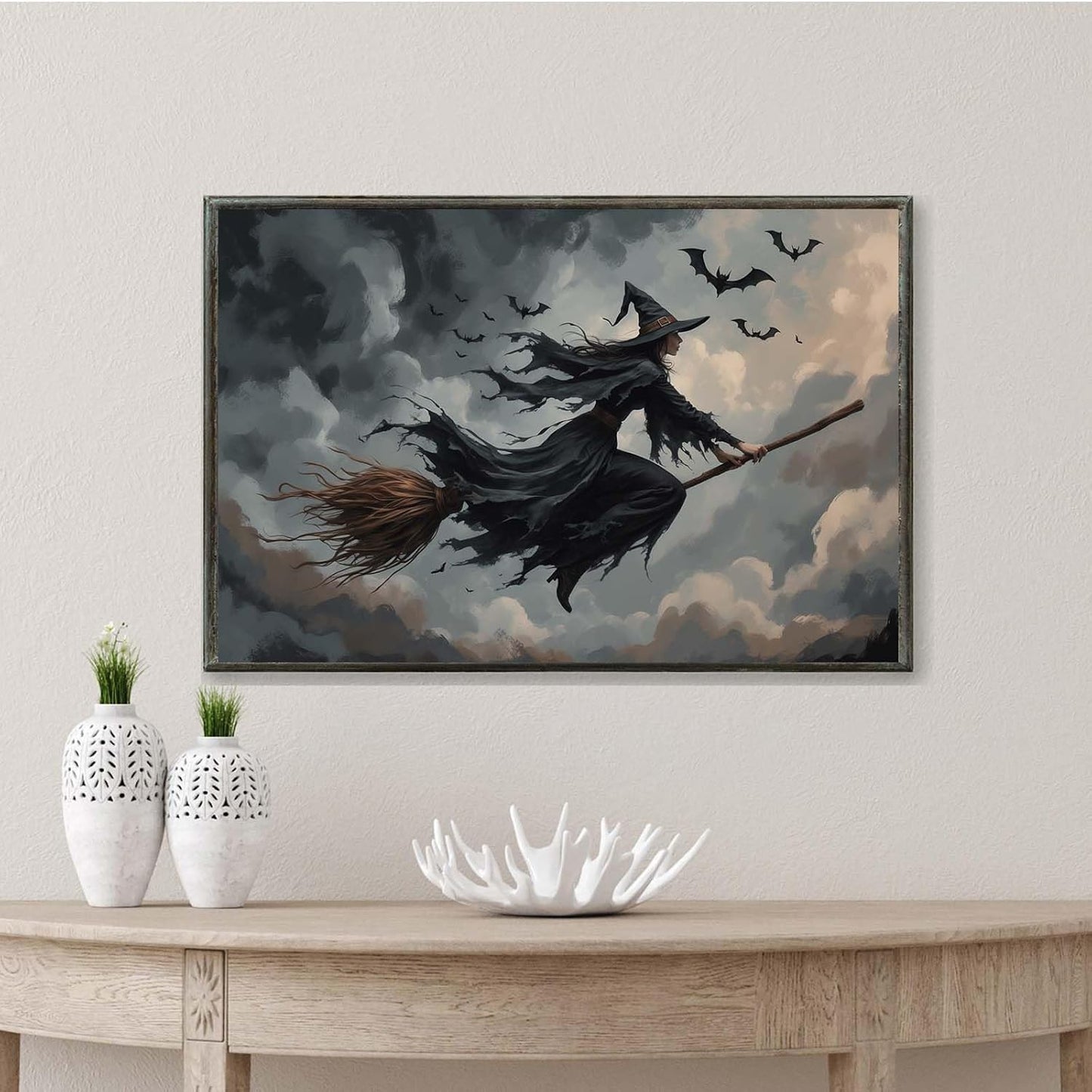 JFHCQJPK Witch and bat flying Halloween poster suitable for home party wall decoration retro Halloween preppy style wall art canvas print suitable for room decoration12x16in Metal blackFramed