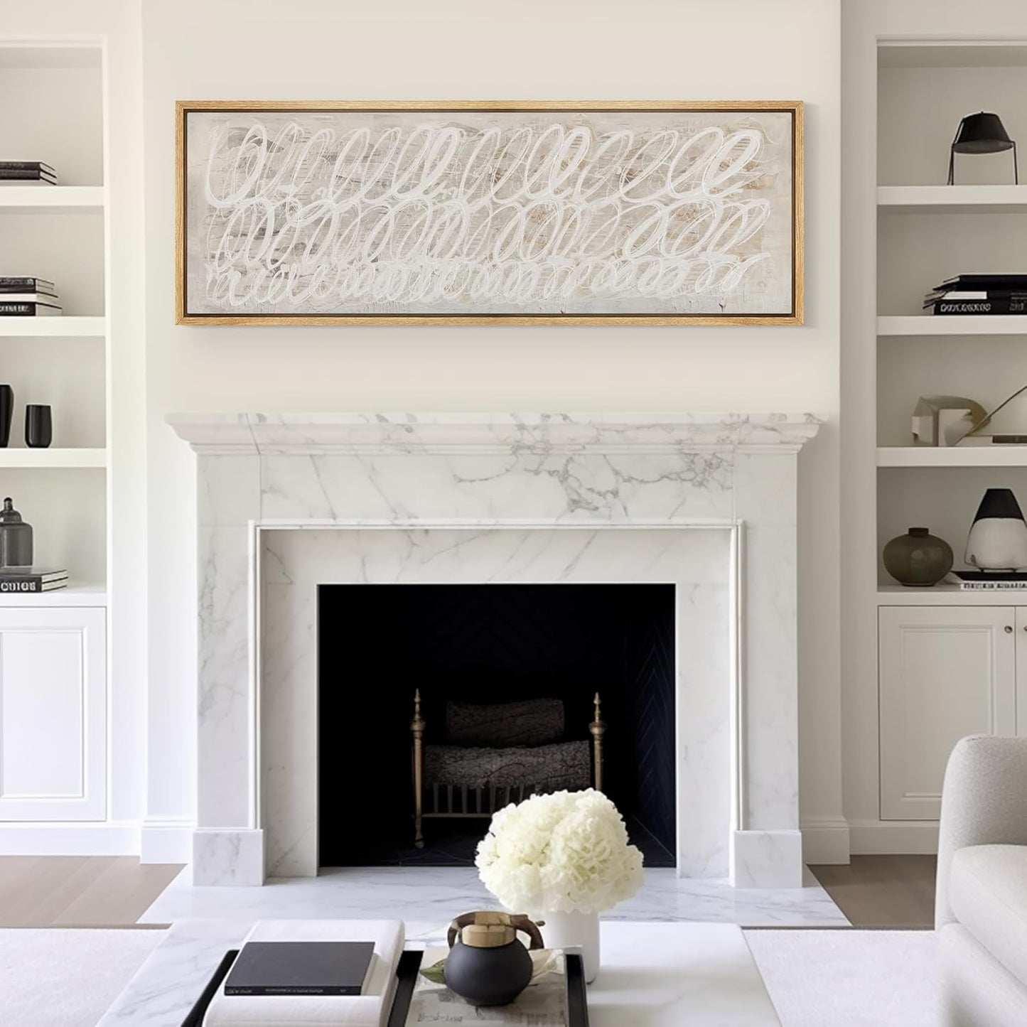 MUDECOR Large Framed Canvas Print Wall Art White Abstract Calligraphy Antique Retro Fine Art Illustrations Decorative Colorful for Bedroom - 60"x20"