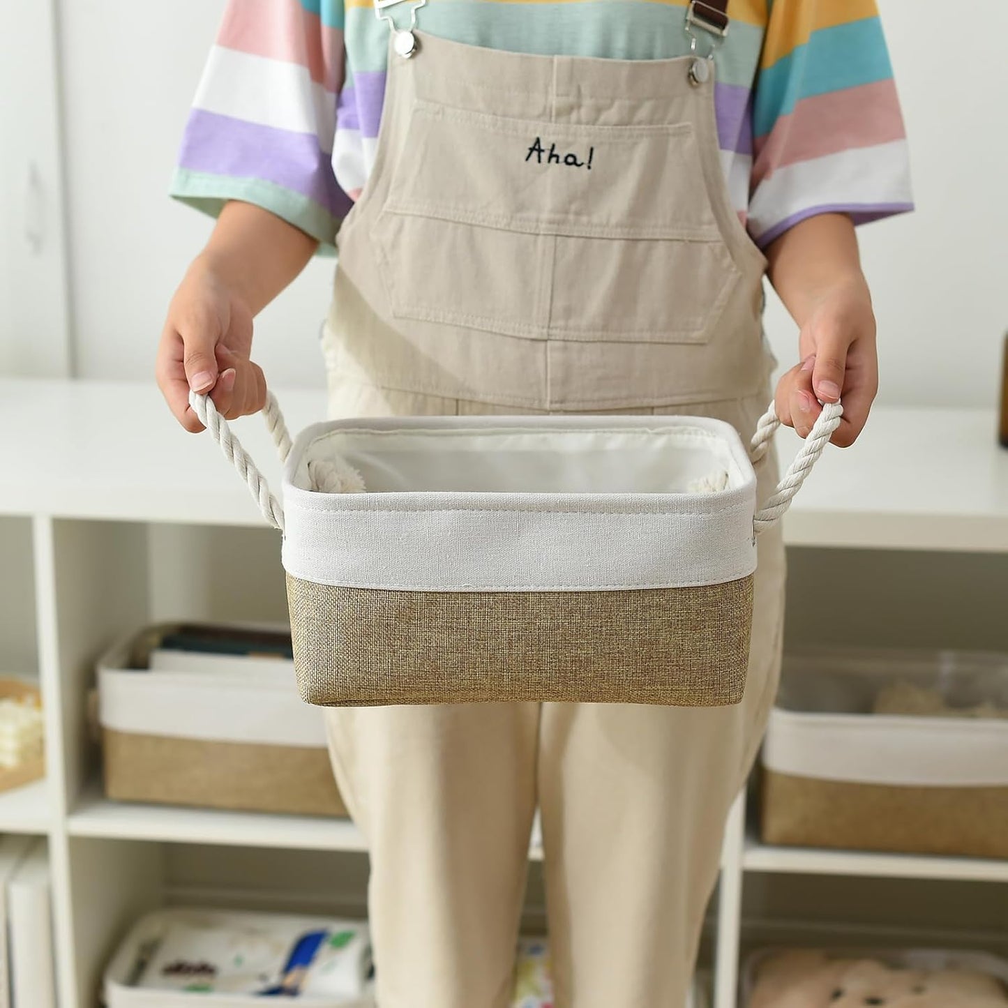 TheWarmHome Storage Basket for Organizing - 1 Pack 12x8x5.2 inch Baskets for Gifts Empty with Handles, Fabric Storage Cubes for Organizer Closet Dog Gift Cloth Toy (Whiet & Khaki)