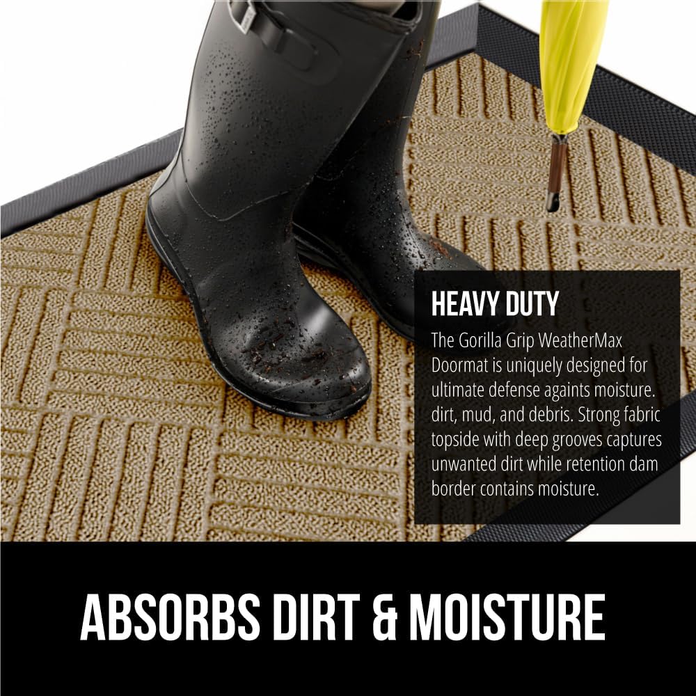 GORILLA GRIP 100% Waterproof All-Season WeatherMax Doormat US Designed Natural Rubber, Stain and Fade Resistant, Low Profile Indoor Outdoor Door Mats, Easy Clean Patio Mat, 17x29, Beige Diamond