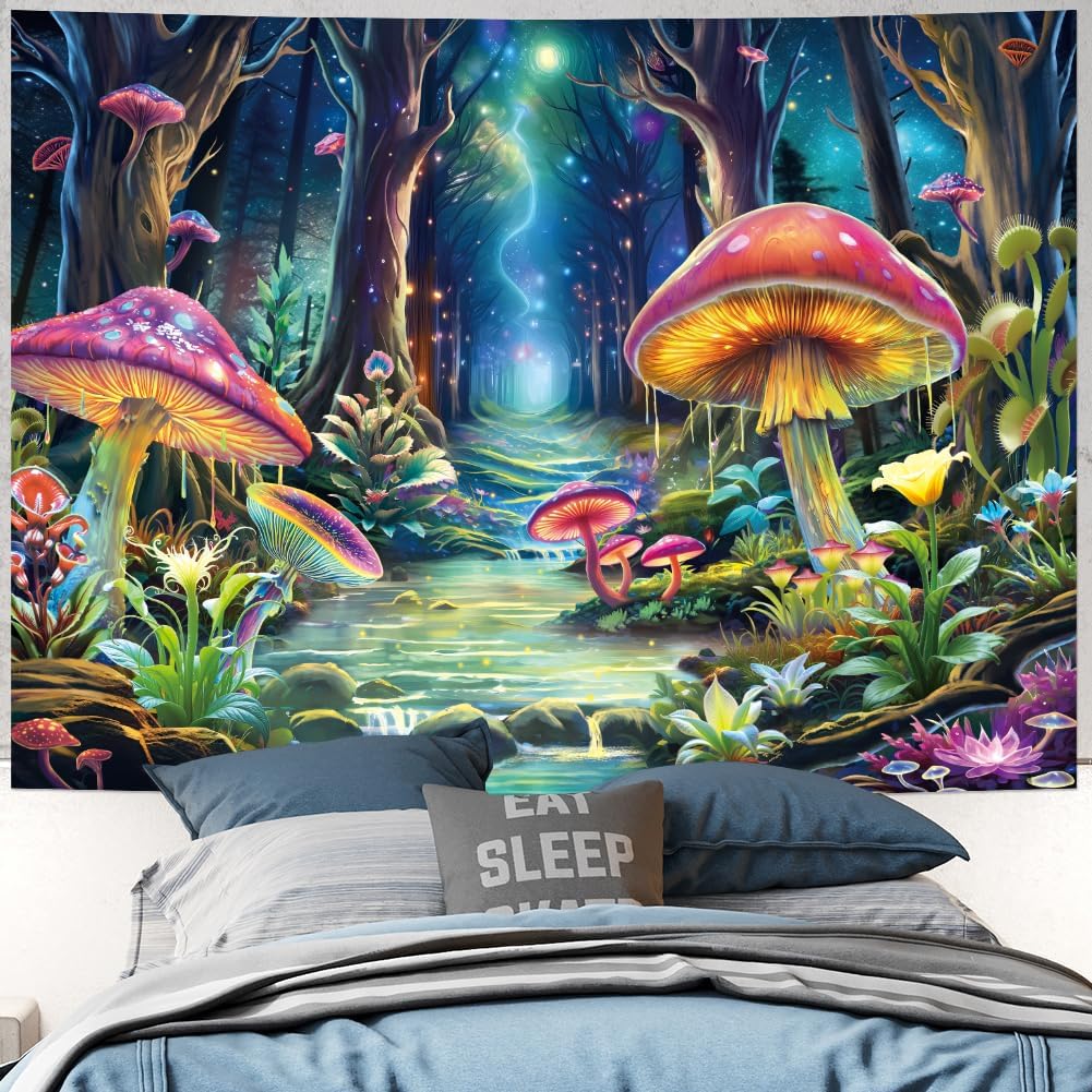 Yuiqear Blacklight Mushroom Tapestry Fantasy Forest Tree Tapestries UV Reactive Floral Plant Tapestries Neon Glow in The Dark Tapestry Wall Hanging for Bedroom Aesthetic Decor