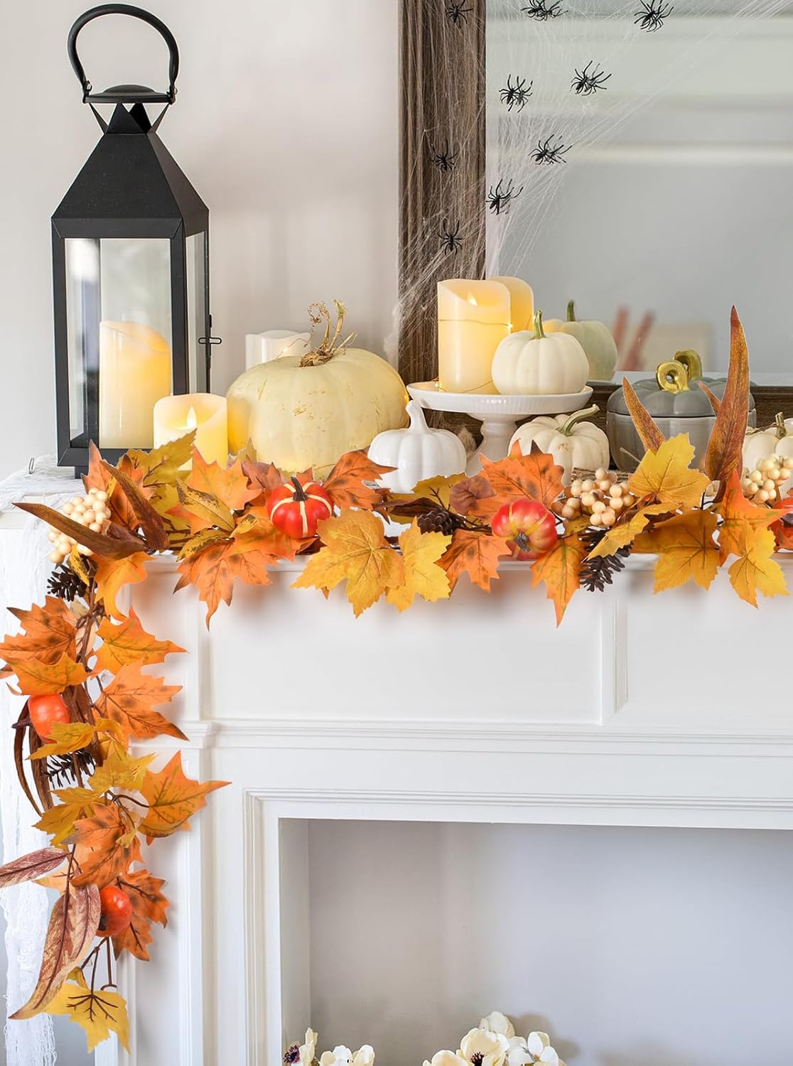 Lvydec Fall Maple Leaves Garland Decoration -6ft Artificial Fall Foliage Garland with White Pumpkins Pine Cone Autumn Decor for Halloween Thanksgiving Home Table Decor