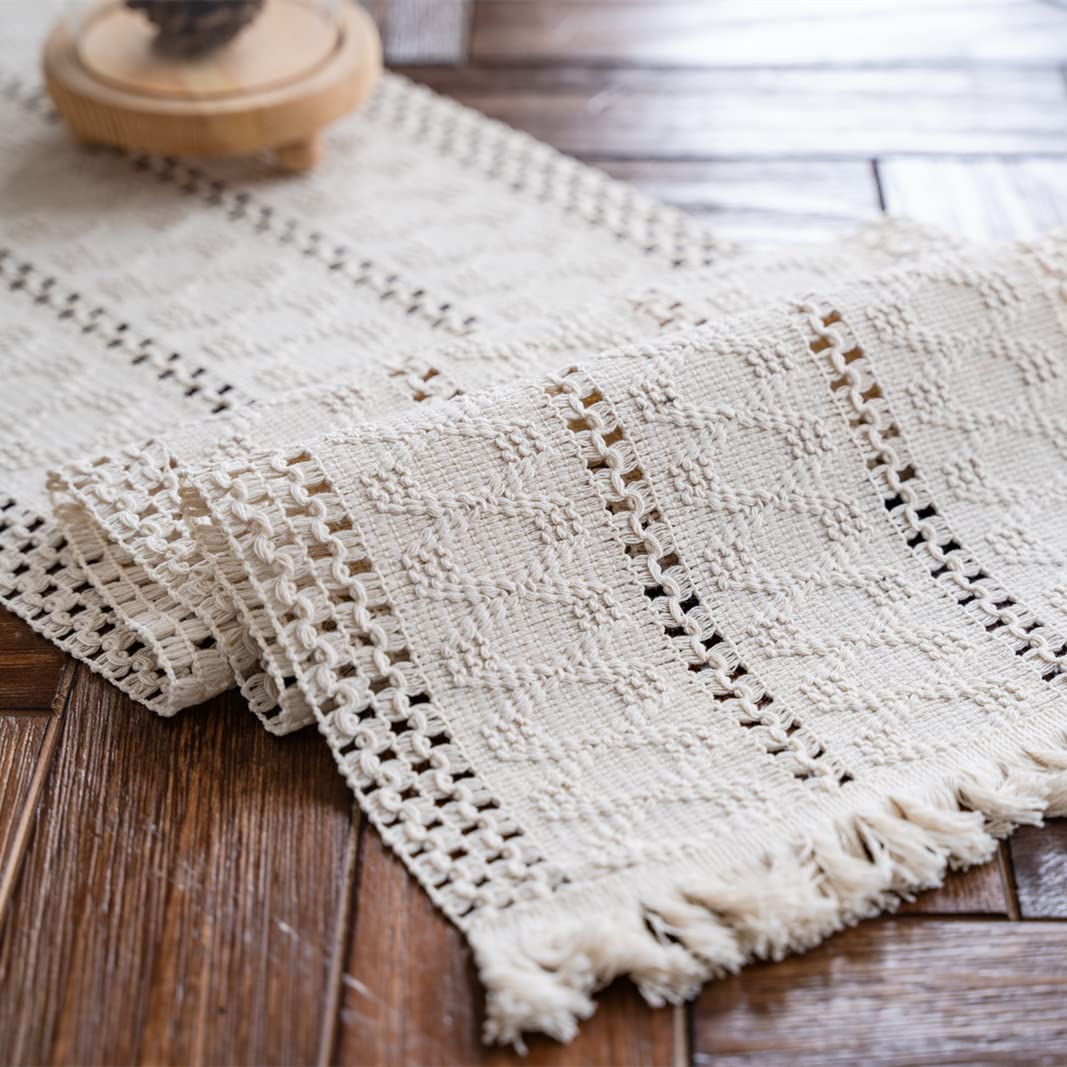 Alynsehom Boho Macrame Table Runner – Hand Woven Cotton, Cream Beige Tassels – Rustic Farmhouse Decor for Dining/Kitchen Table – Available in 6 Sizes!