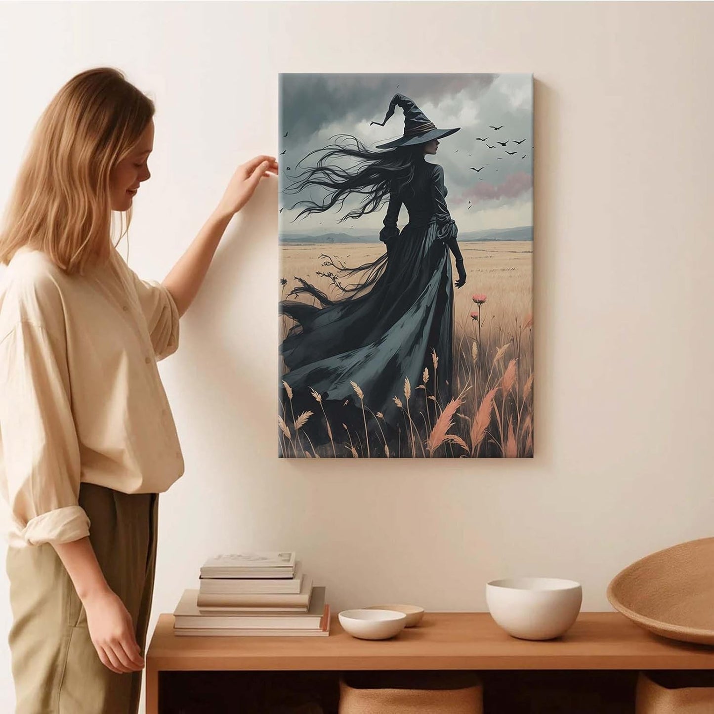 Gothic Decor Canvas Wall Art Witch in Rice Field Halloween Art Decor Print Nature Print Victorian Home Bedroom16x24in Wood Framed