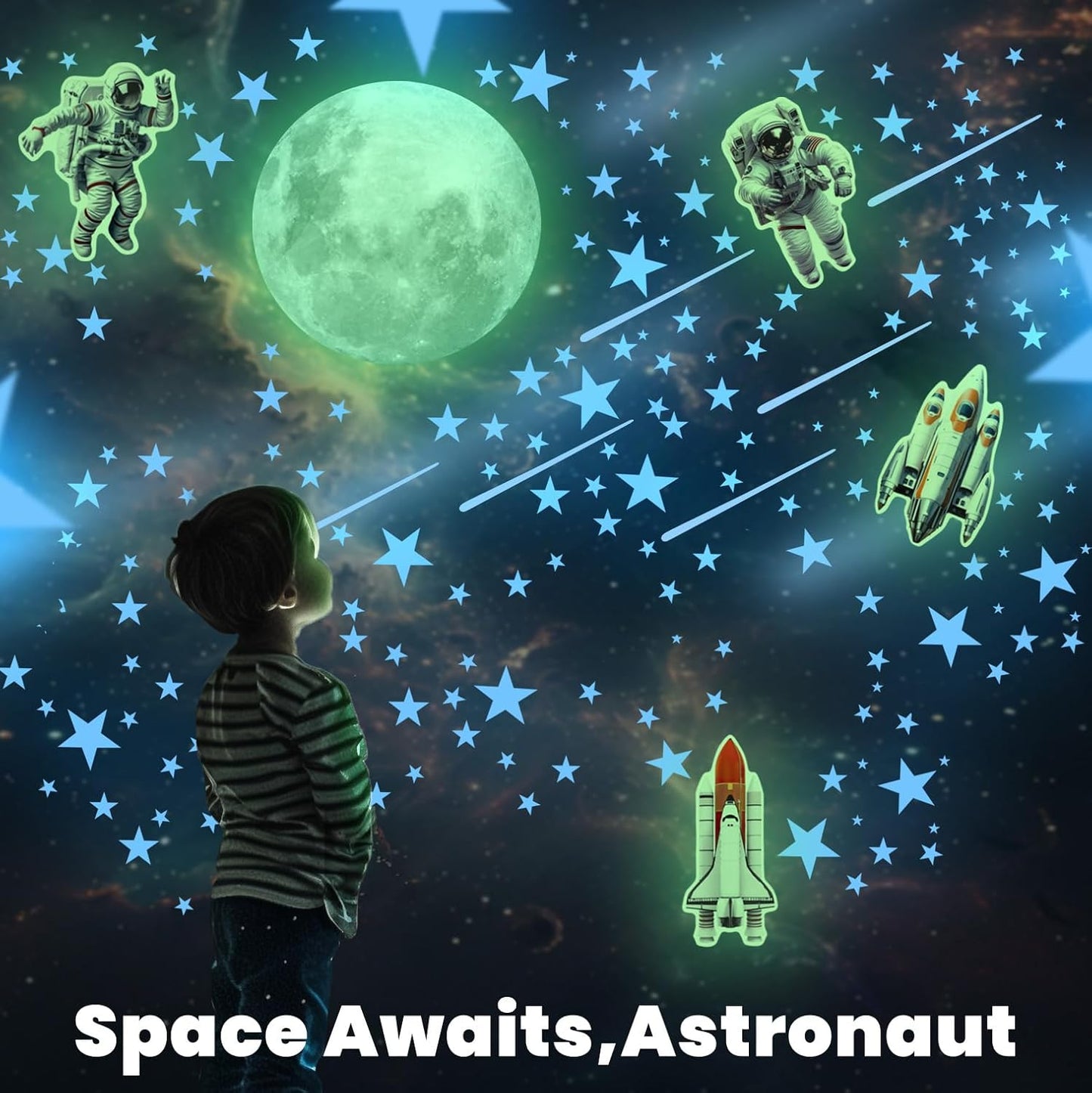Glow in The Dark Stars for Ceiling, Luminous Stars and Moon USA Astronaut Rocket Spaceship Wall Decals, Space Decoration, Sticky Fluorescence Stars, Kids Room Decor, Galaxy Wall Stickers