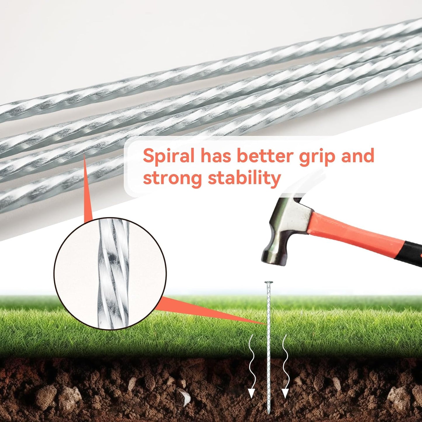 8" Heavy Duty Spiral Landscape Spikes - Solid Galvanized Metal Garden Stakes for Fixing Paver Edging, Weed Barriers, Artificial Turf, Tent and More (100 Pack)