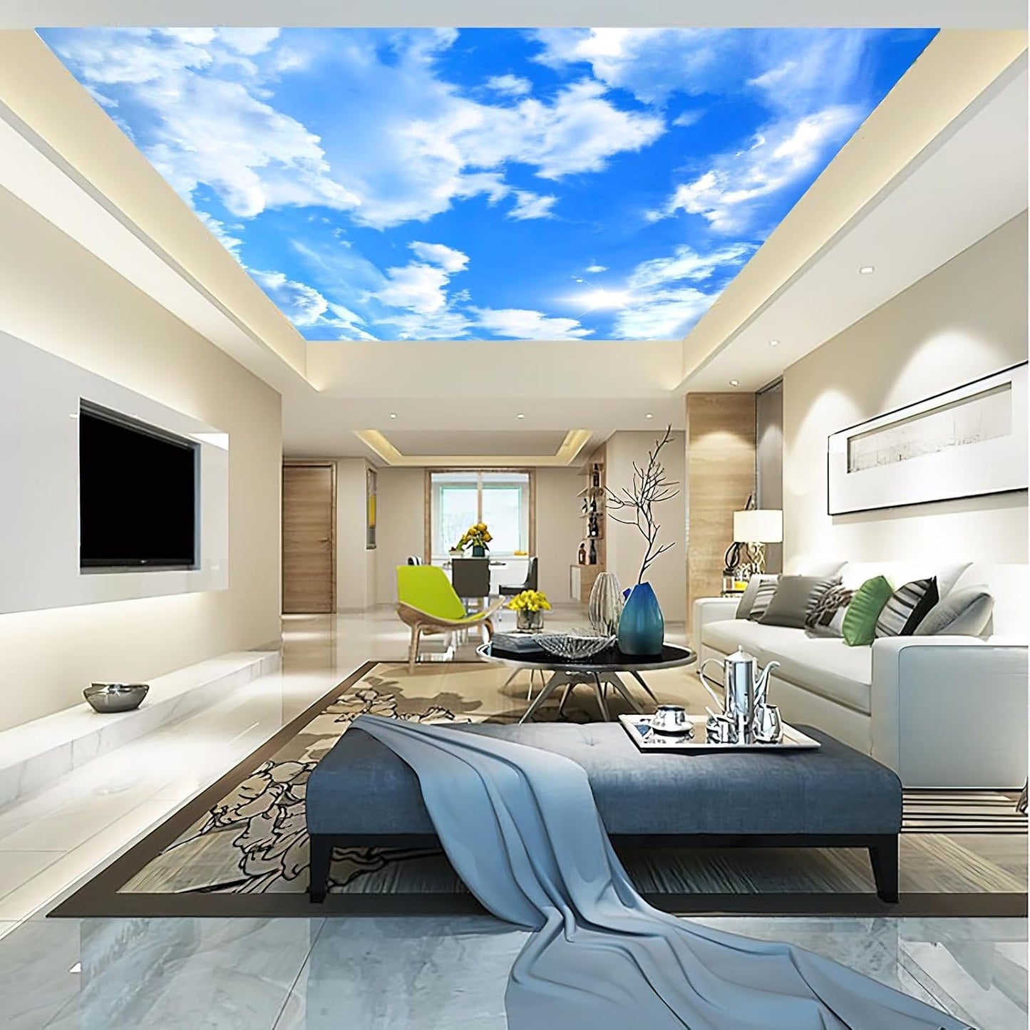 Blue Sky and White Clouds Suspended Ceiling Wall Mural Wallpaper for Bedroom 137" x 100"