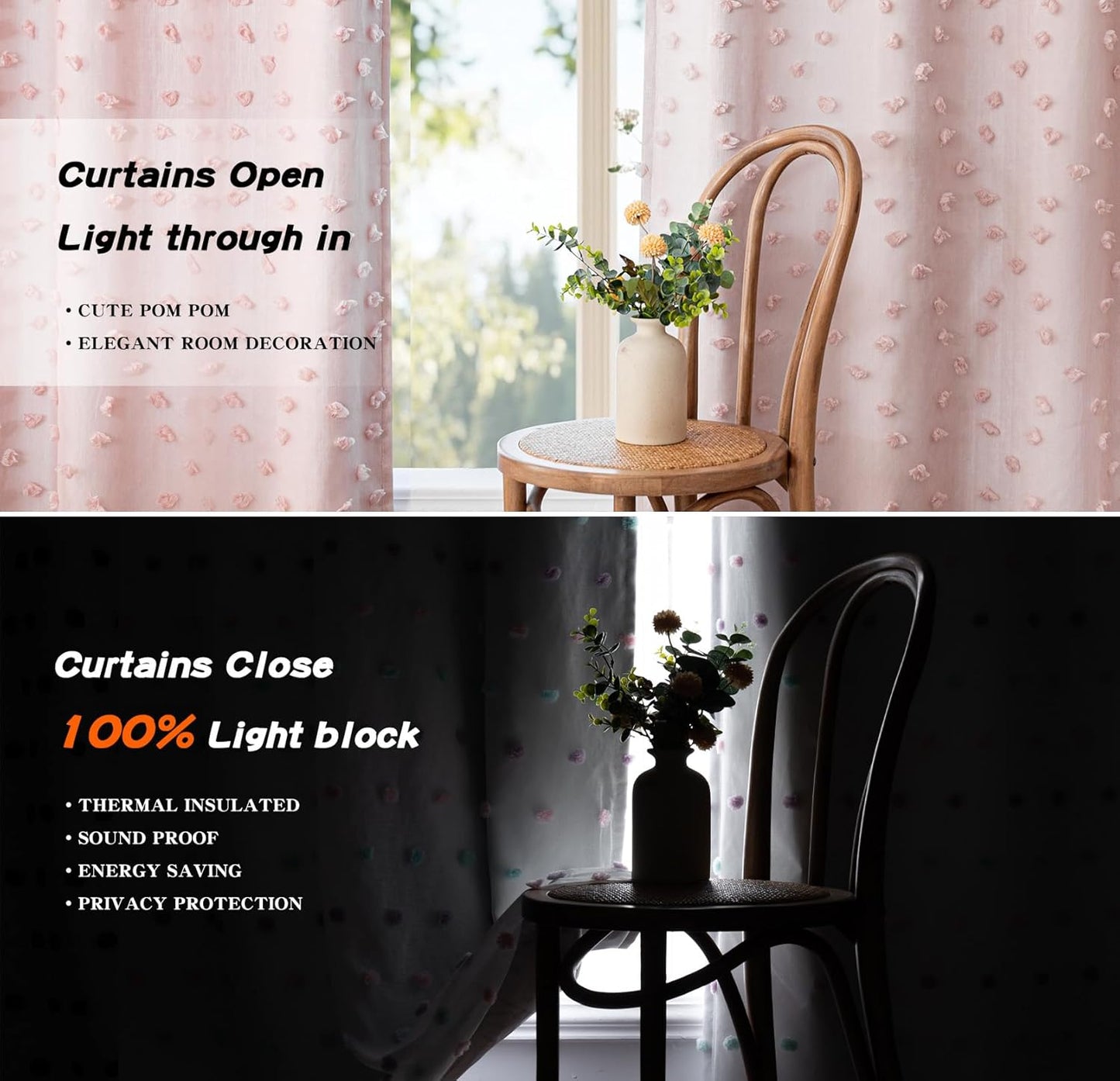 MYSKY HOME 100% Blackout Curtains for Girls Bedroom 84 Inch Long Total Light Blocking Blush Pink Curtain for Living Room 2 Panels Room Darkening Grommet Window Drapes with Pom Pom Sheer 52W x 84L