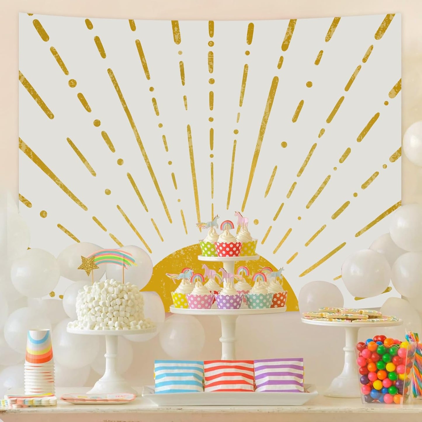 Kanuyee Gold Boho Burning Sun Tapestry Wall Hanging, Retro 70s Abstract Vintage Geometric Line Sunrise Tapestries for Bedroom Living Room Backdrop 44×60 inch