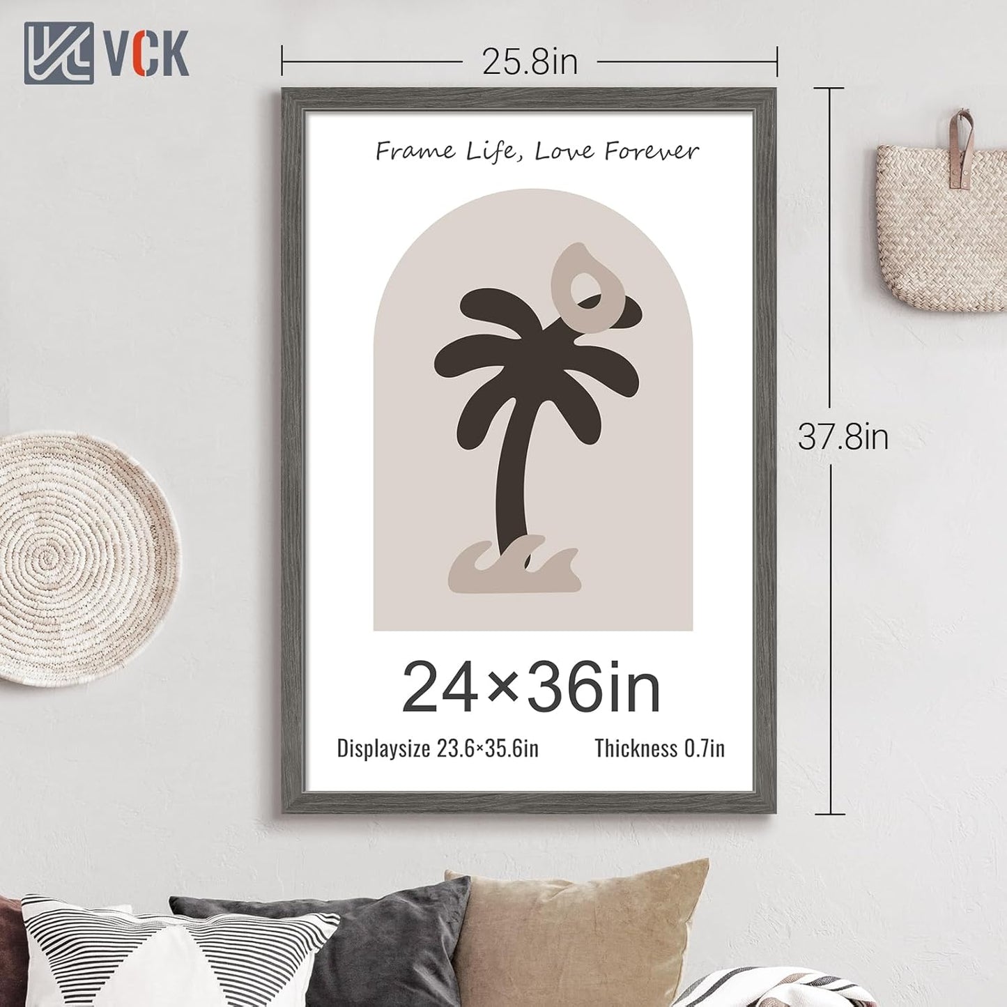 VCK 24x36 Poster Frame 3 Pack, Gray Solid Wood Picture Frame, Exclusive Wood Grain, Wall Mounting Hanging