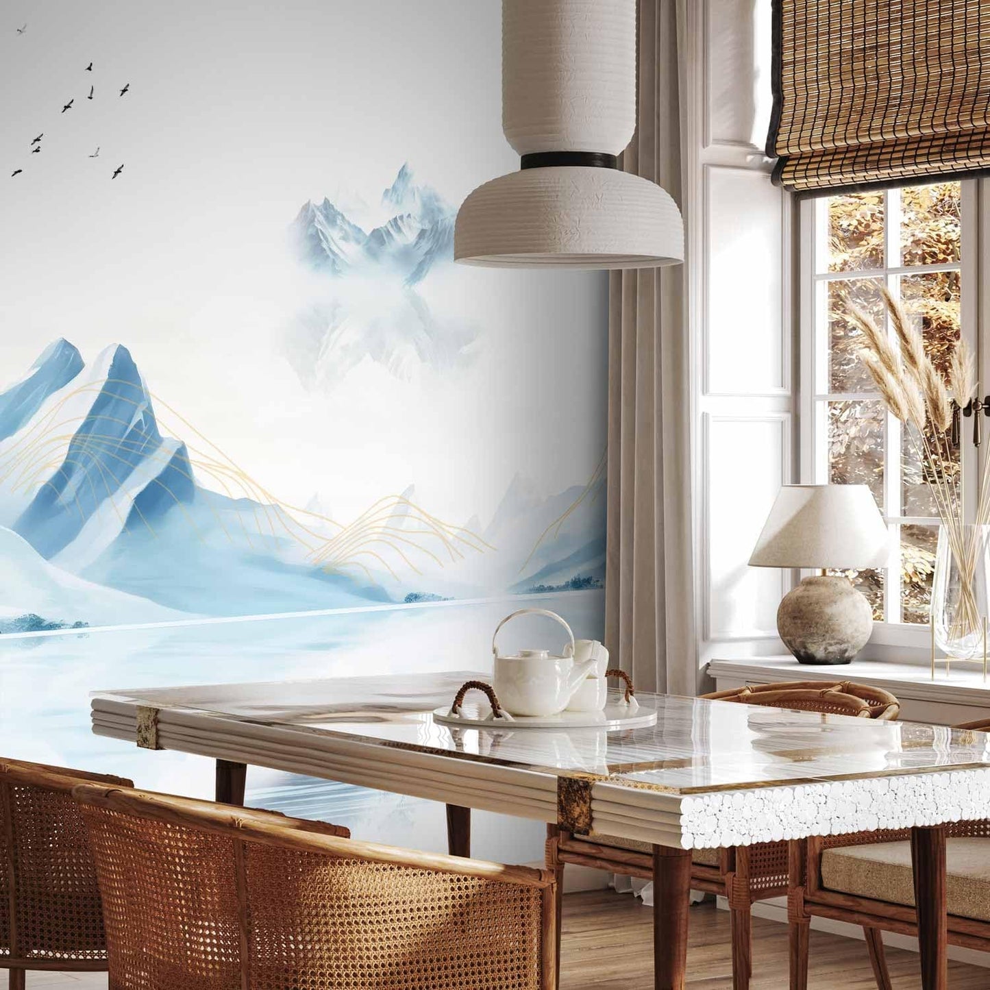 artgeist Premium Wall Mural Mountains 216x98 in - Non-Woven Photo Wallpaper Art Print Fleece Wall Mural Decoration Mountains Lake Birds Landscape c-C-10113-a-a