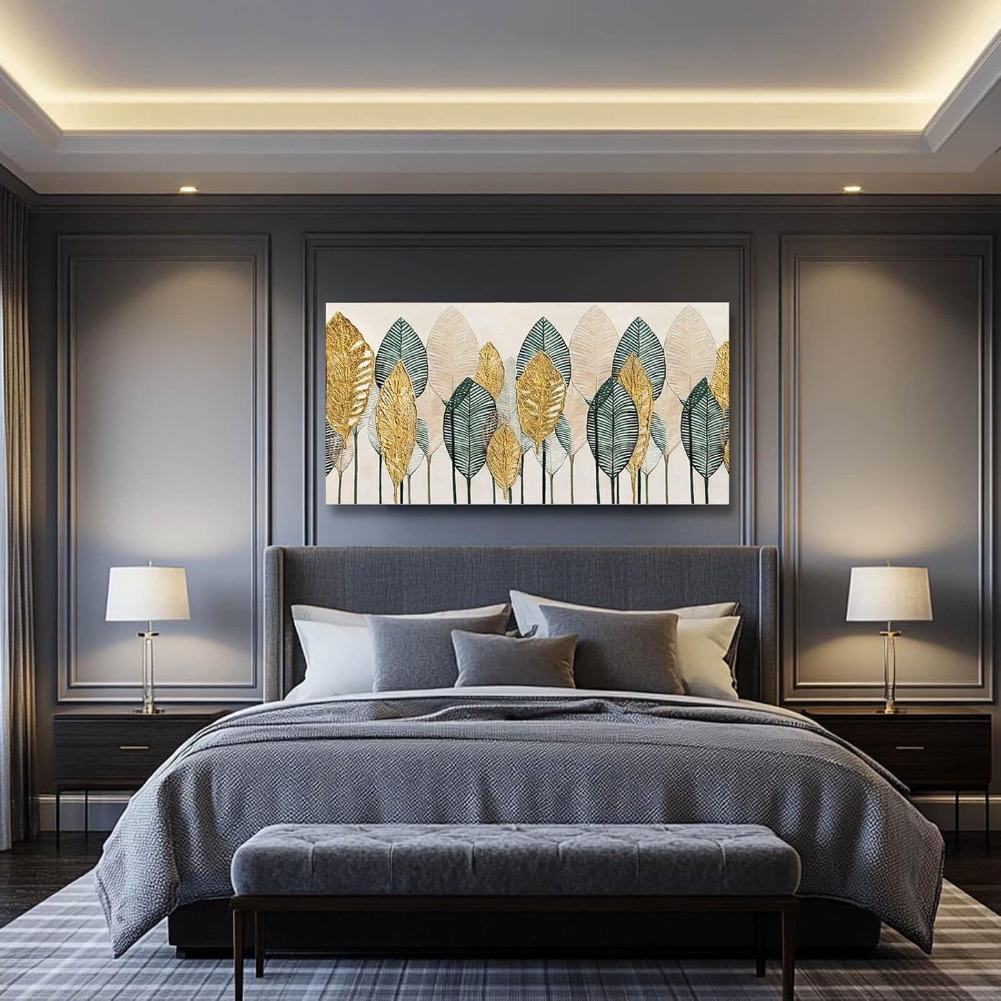 CHUDANHAO Green Wall Art Gold Wall Decor Leaves Prints Pictures Textured Bedroom Decor Line Painting Green Paintings Wall Decorations 24”x48” Artwork for Living Room Dining Room